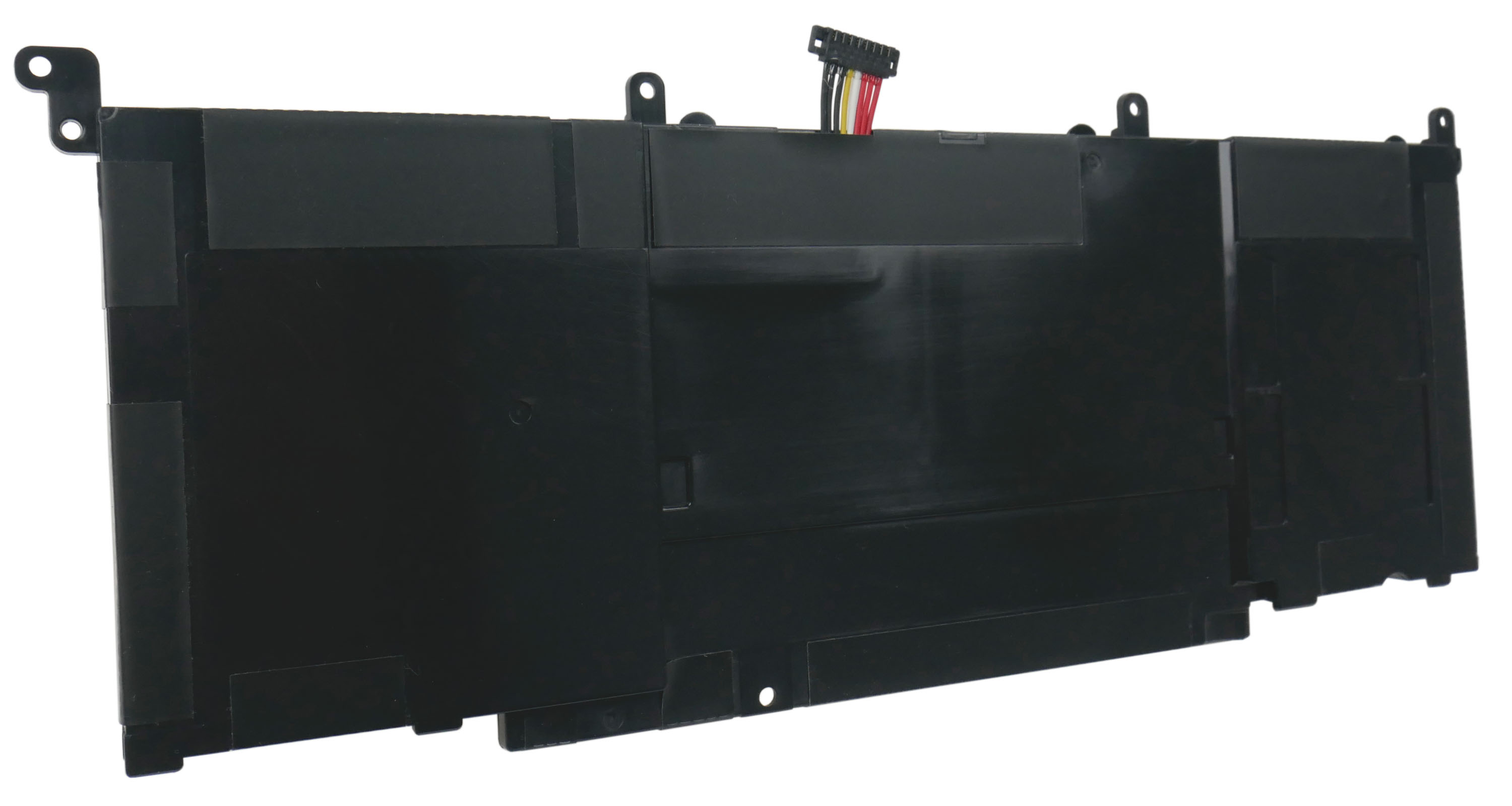 Czarny akumulator do laptopa z przewodami i zaczepami montażowymi.