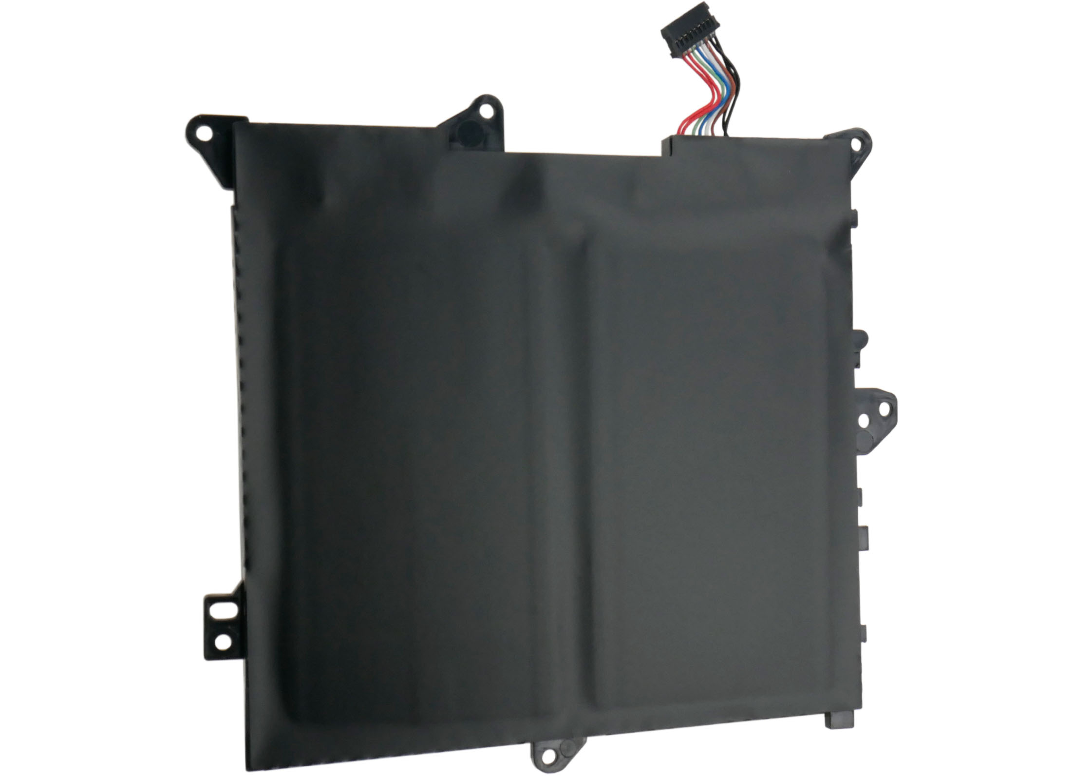 Czarna bateria do laptopa ze złączem i kolorowymi przewodami na białym tle.