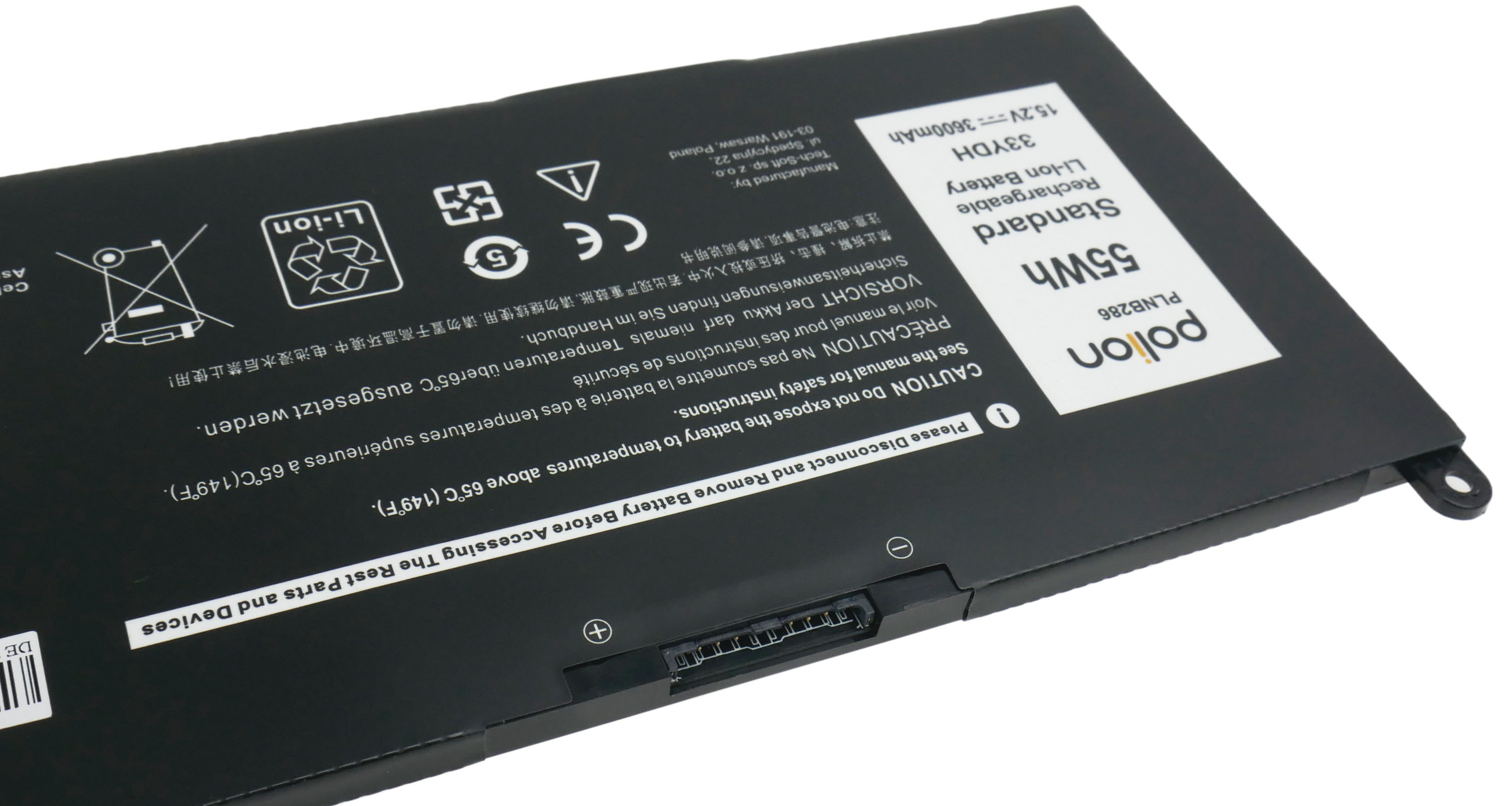 Czarna bateria do laptopa z naklejkami pokazującymi specyfikacje i ostrzeżenia.