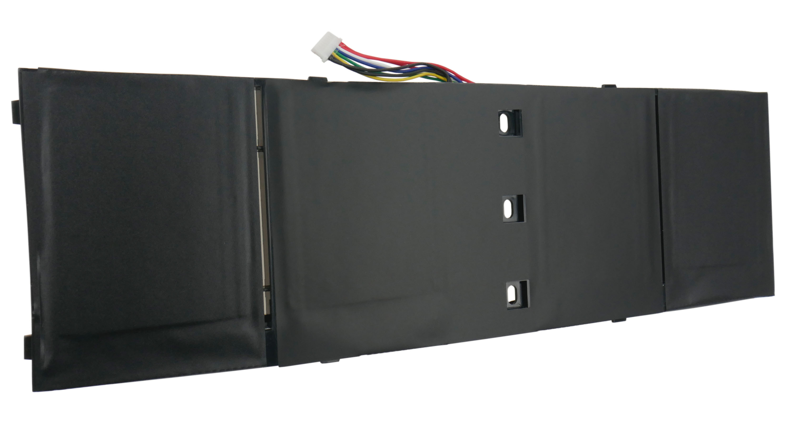 Czarna bateria z kablami i otworami montażowymi.