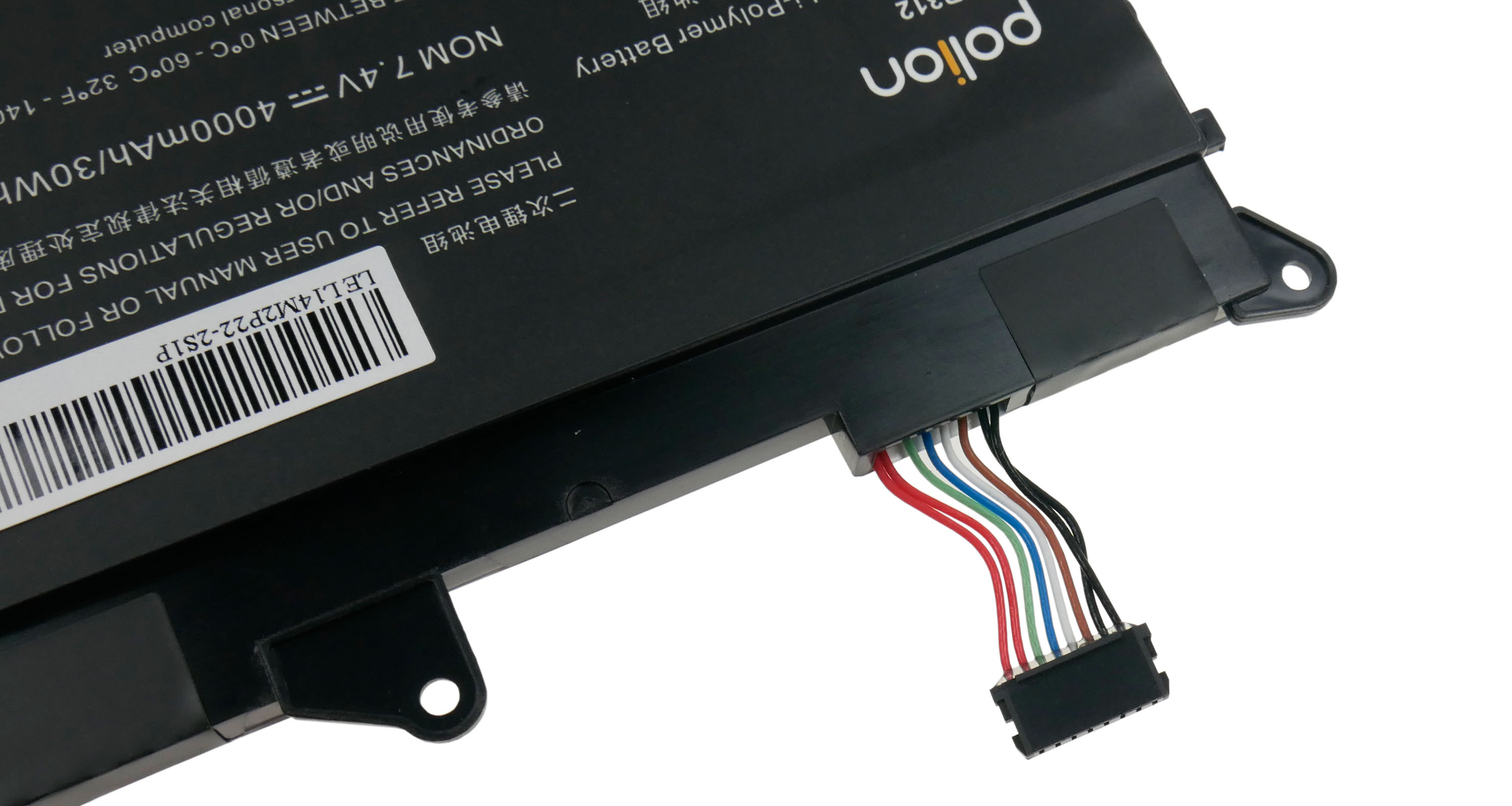 Czarny akumulator do laptopa z etykietą i przewodami.