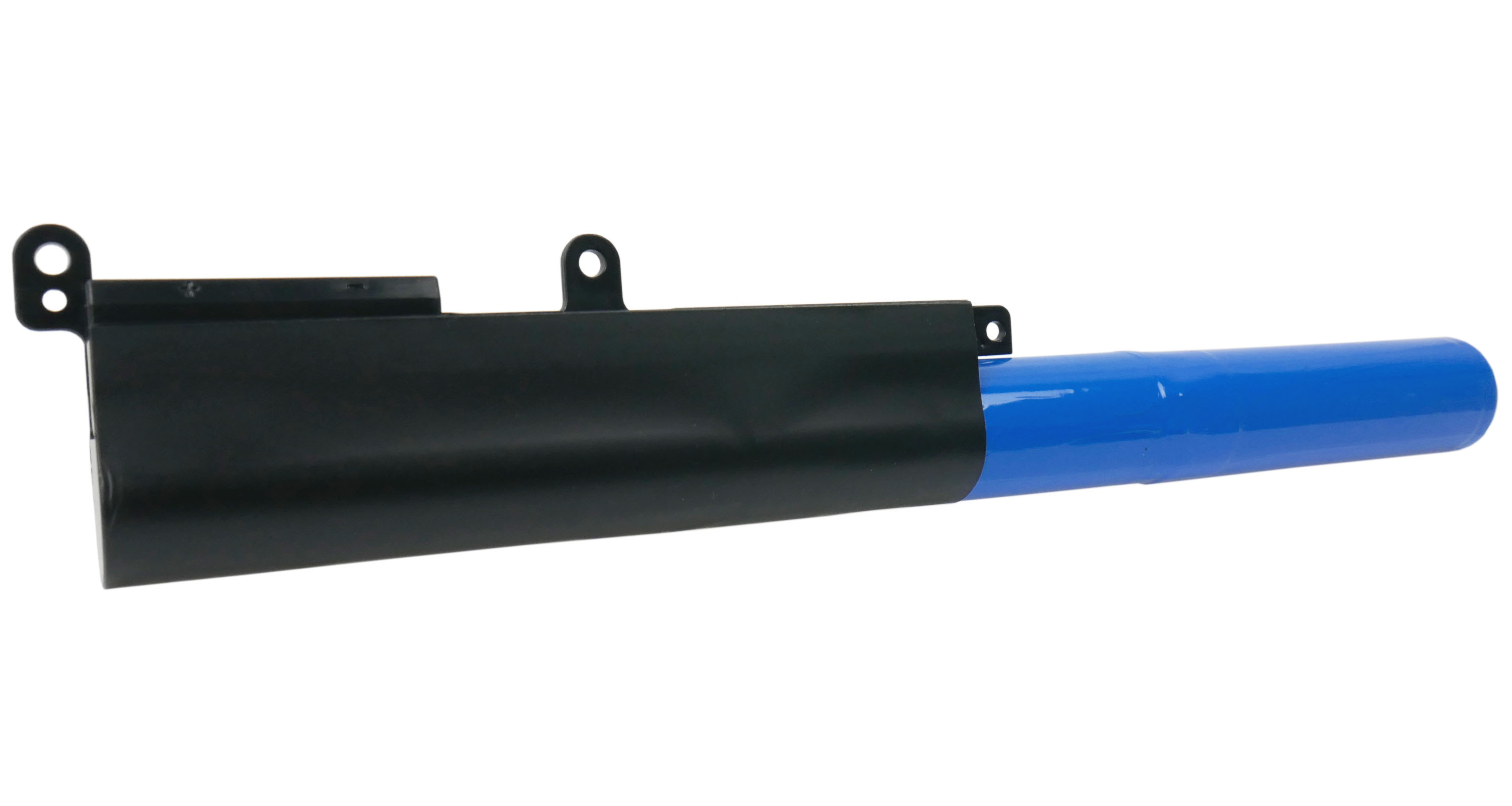 Czarny uchwyt z niebieską baterią cylindryczną, na białym tle.