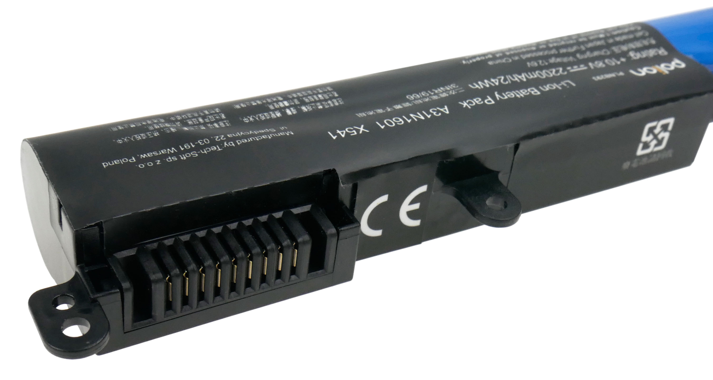 Czarny akumulator z niebieskim końcem i oznaczeniem CE.