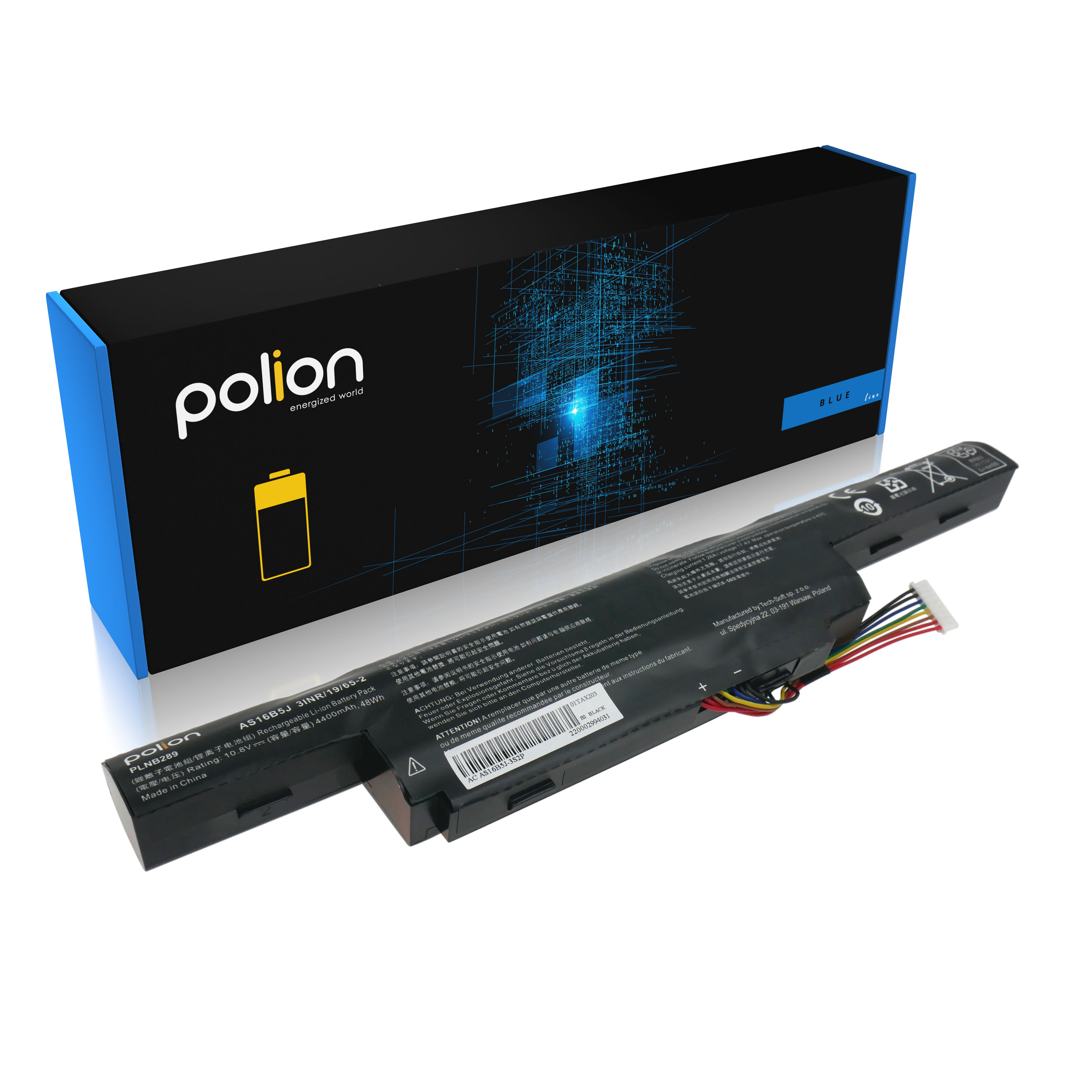 Czarny akumulator do laptopa z kablami i niebieskim pudełkiem.