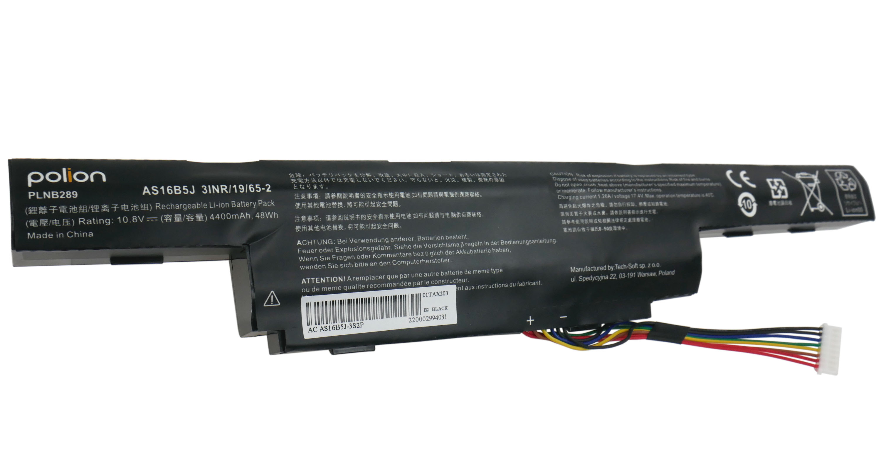 Czarny akumulator Li-ion, model AS16B5J, 4400mAh, 48Wh, z przewodami.