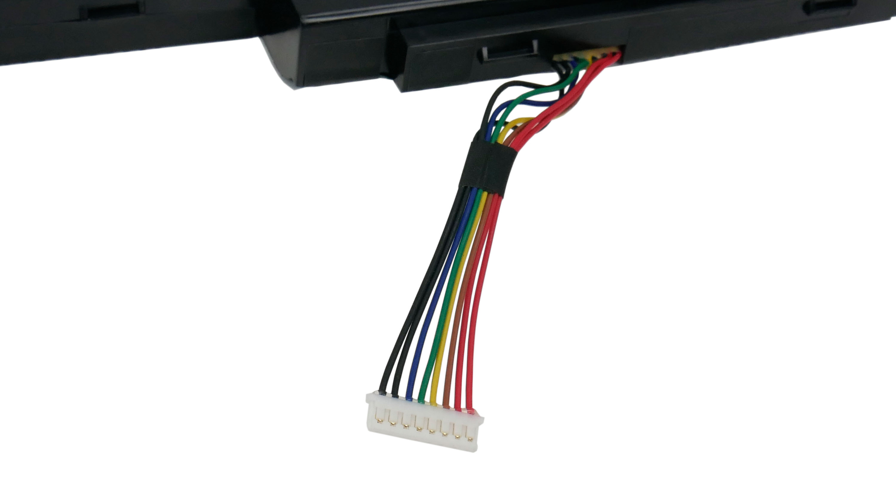 Czarna bateria do laptopa z kolorowymi przewodami i białym złączem.