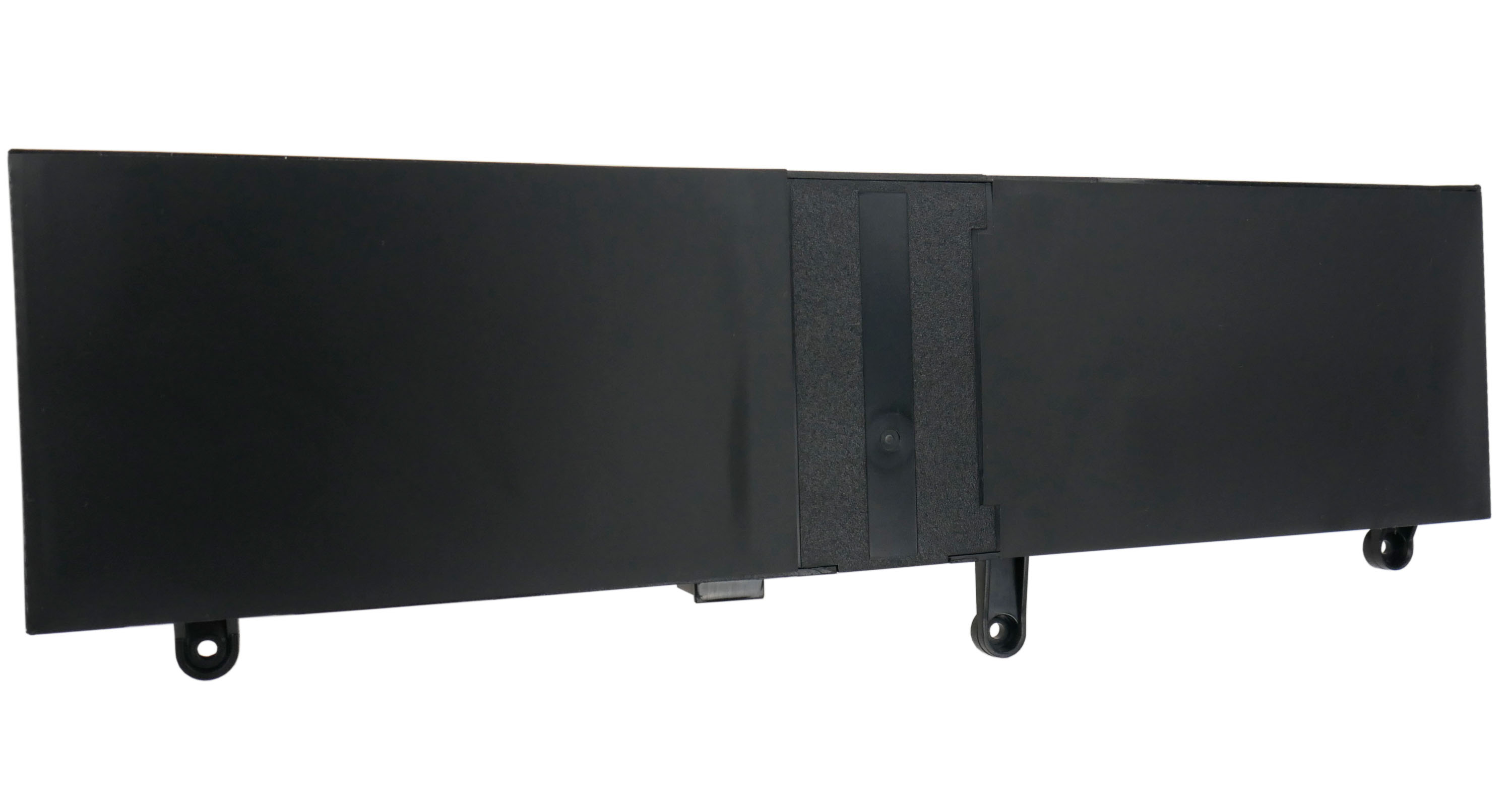 Czarny, prostokątny akumulator z zaczepami montażowymi i częścią środkową.