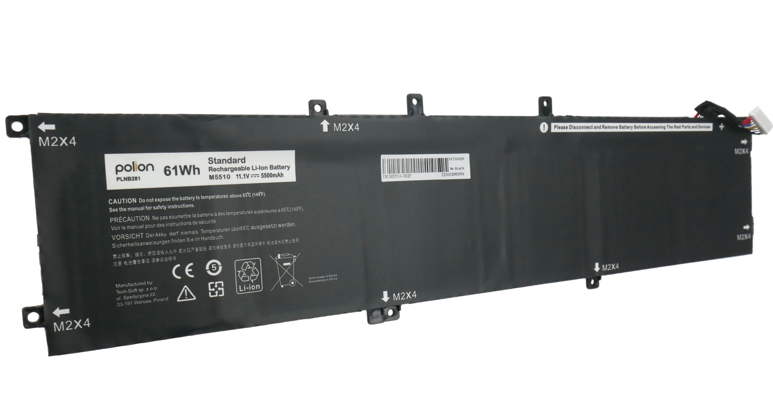 Czarna bateria do laptopa z oznaczeniami M2X4, ostrzeżeniami i pieczęcią CE.