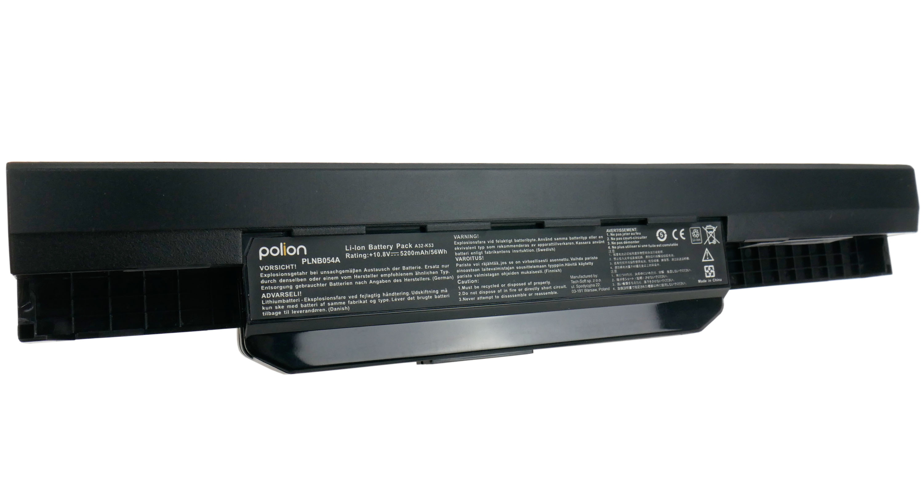 Czarny akumulator Li-Ion z ostrzeżeniami i znakiem CE.