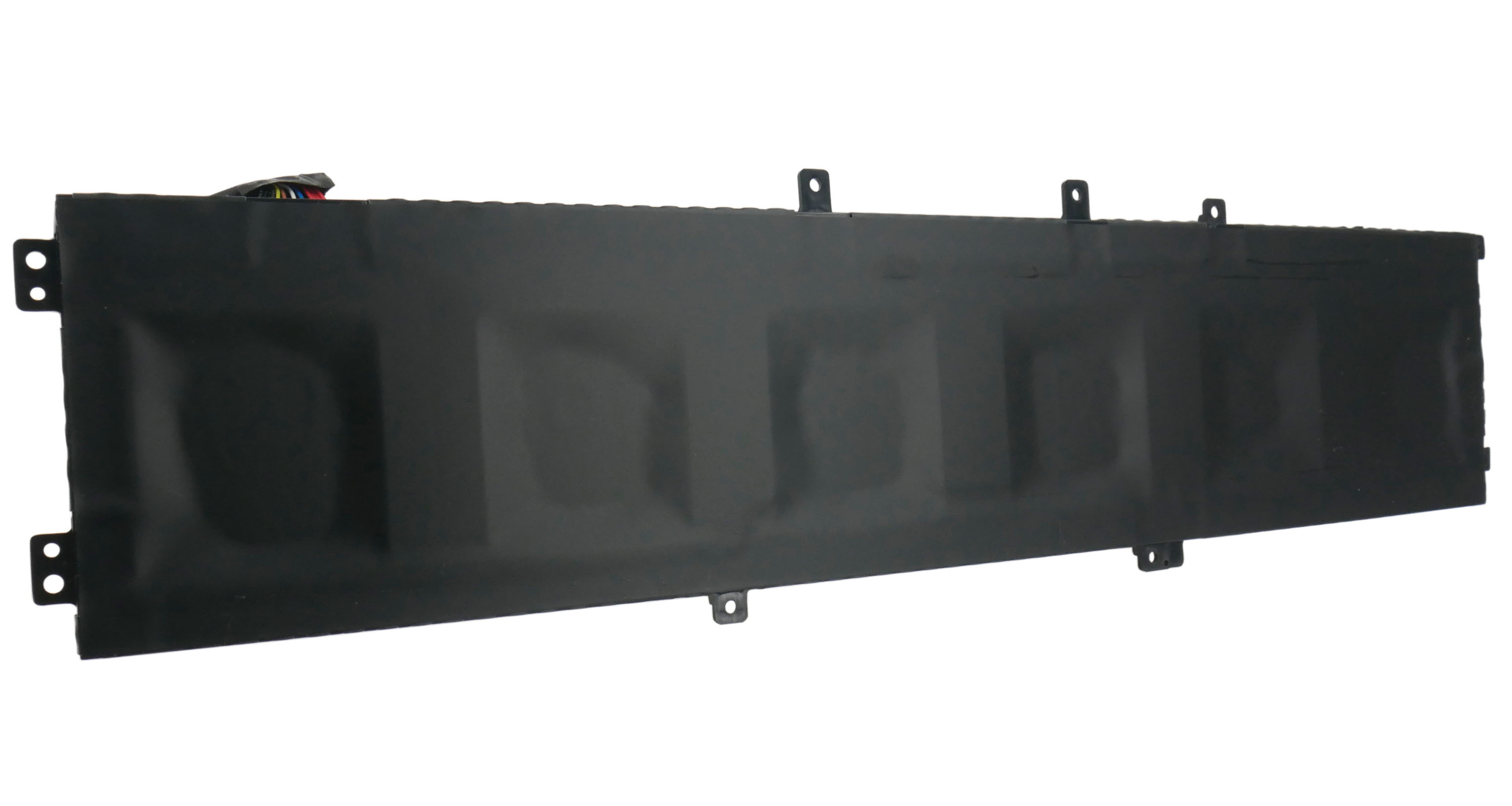 Czarna bateria z przewodami, wspornikami i dwoma otworami po lewej stronie.