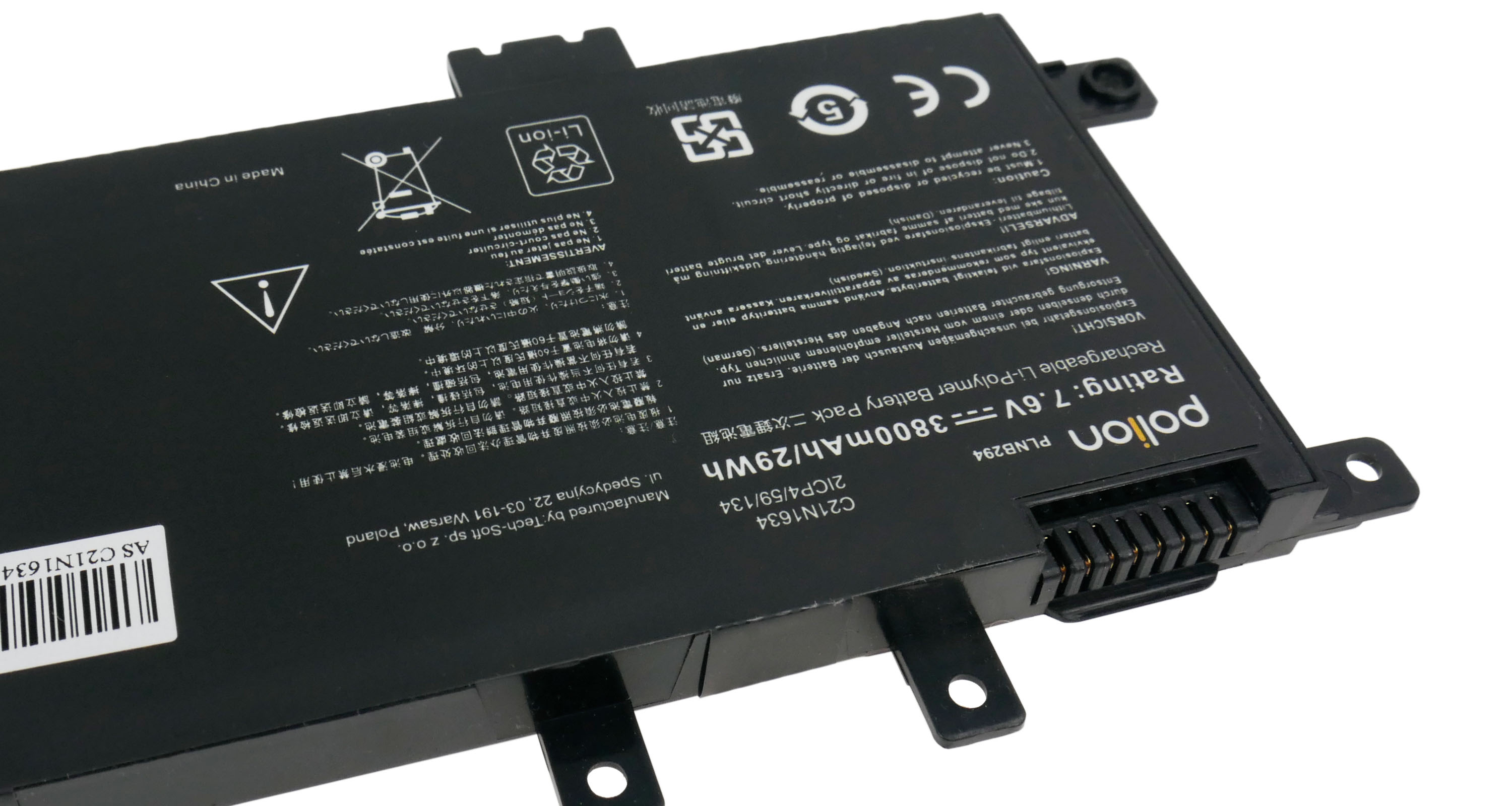 Czarny akumulator litowo-polimerowy z ostrzeżeniami i danymi technicznymi.