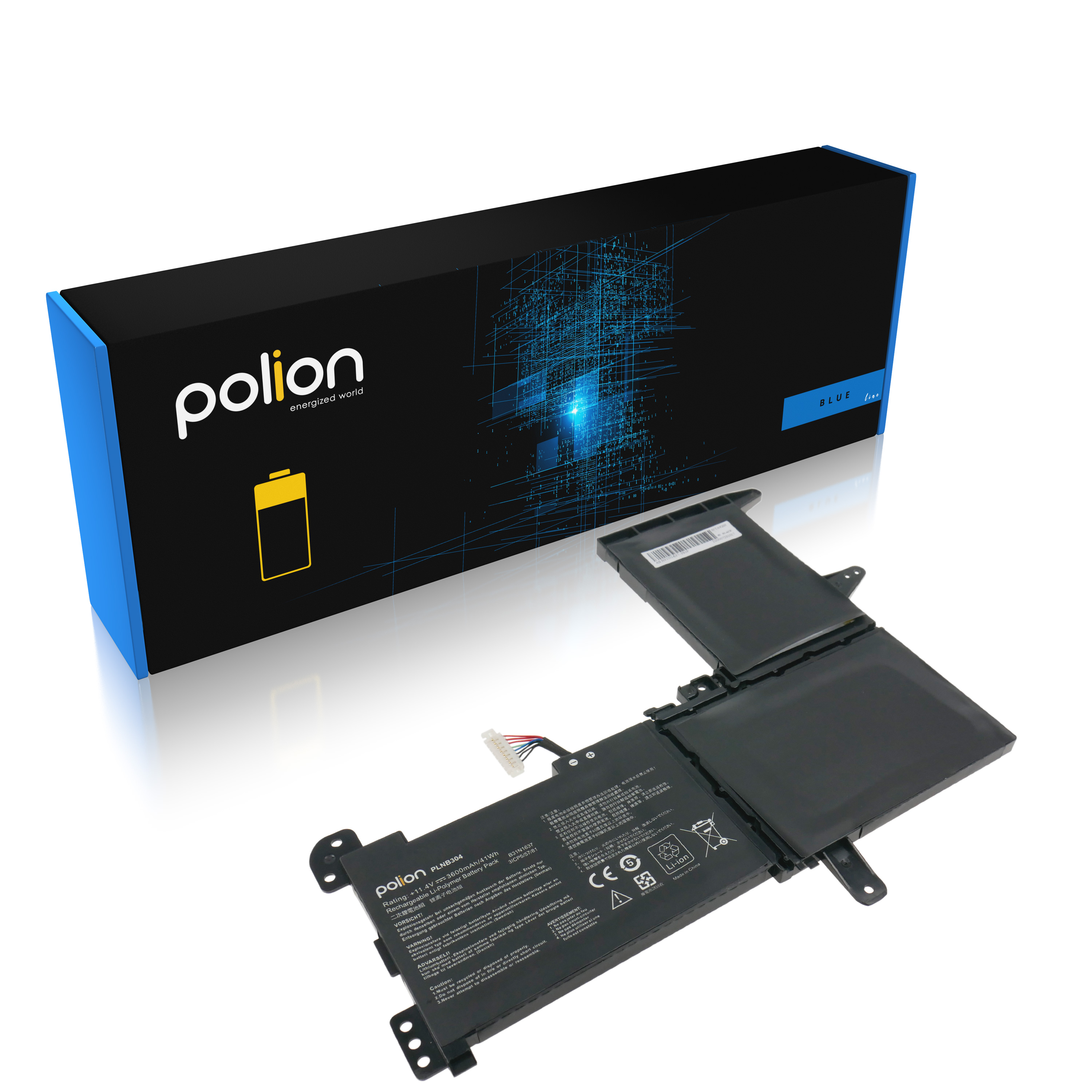 Czarna bateria do laptopa z kablami leży obok czarnego pudełka z niebieskimi akcentami.