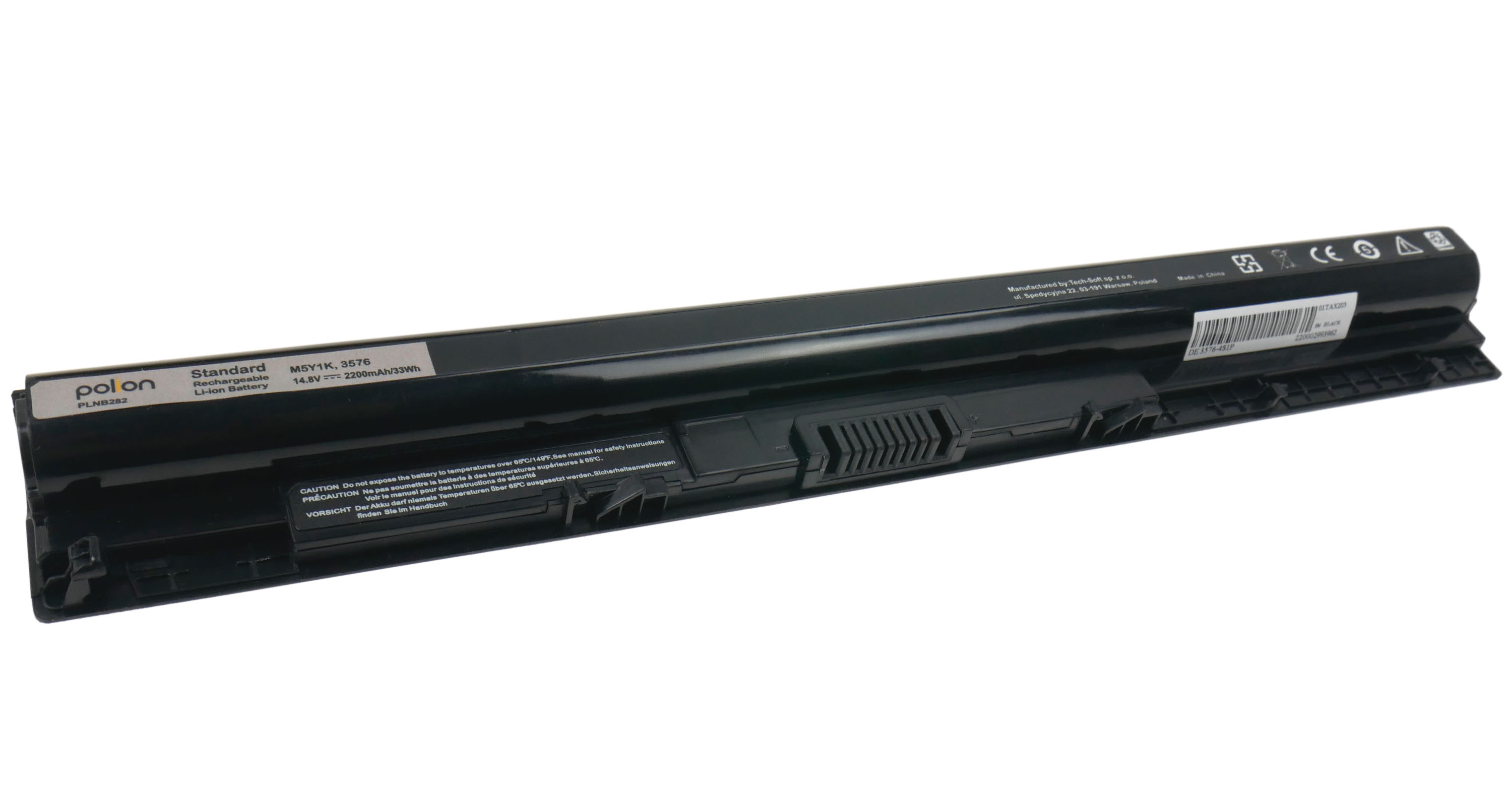 Czarny akumulator do laptopa z etykietą, wyprodukowany przez Tech-Soft.