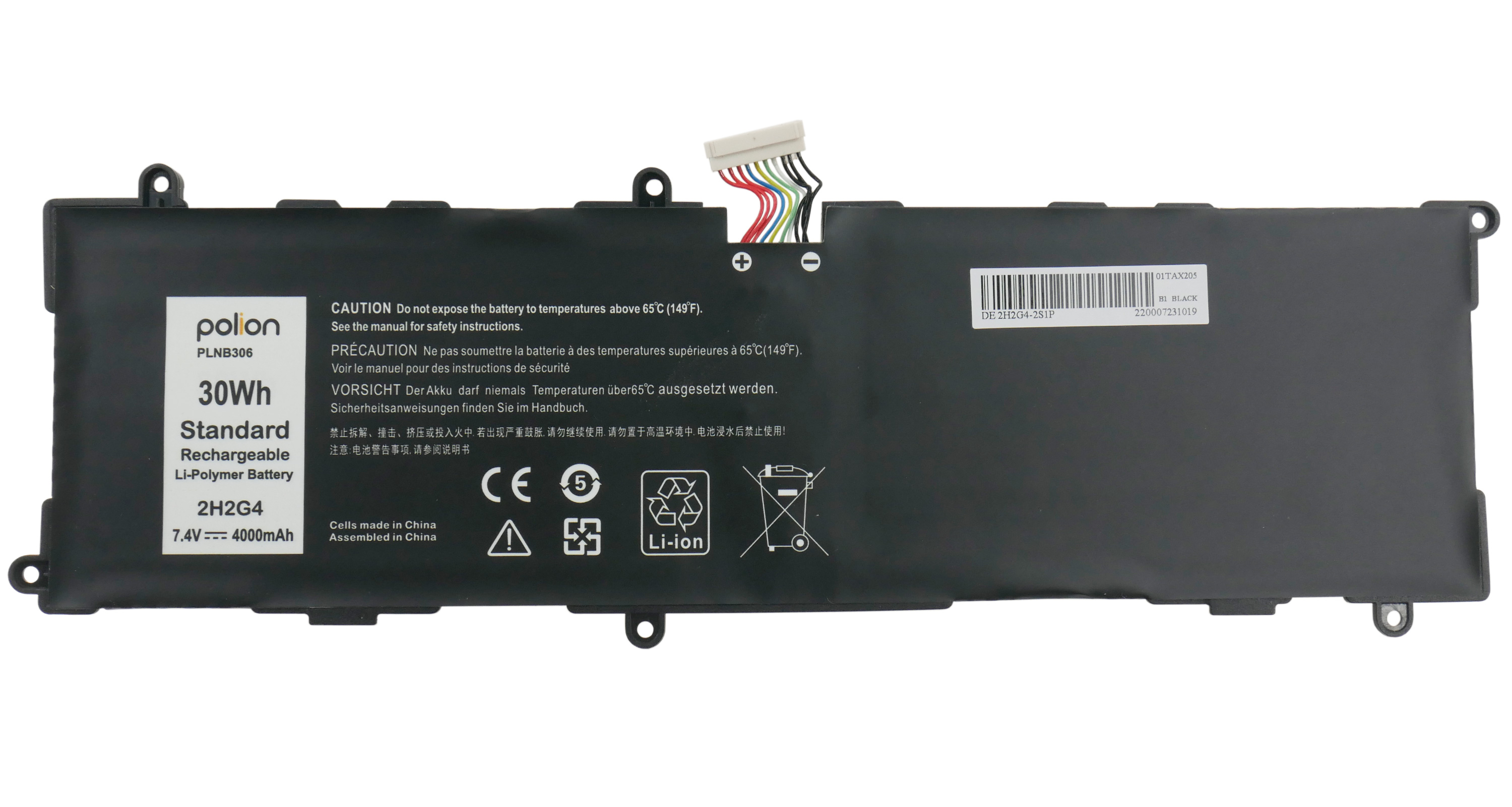 Czarna bateria litowo-polimerowa, 30Wh, 7.4V, 4000mAh, z kablami i symbolami ostrzegawczymi.