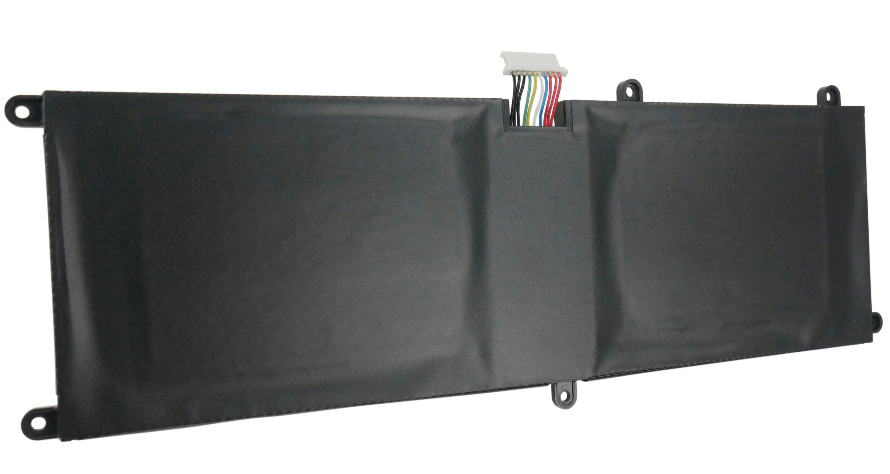 Czarna bateria do laptopa z wielokolorowymi przewodami i otworami montażowymi.