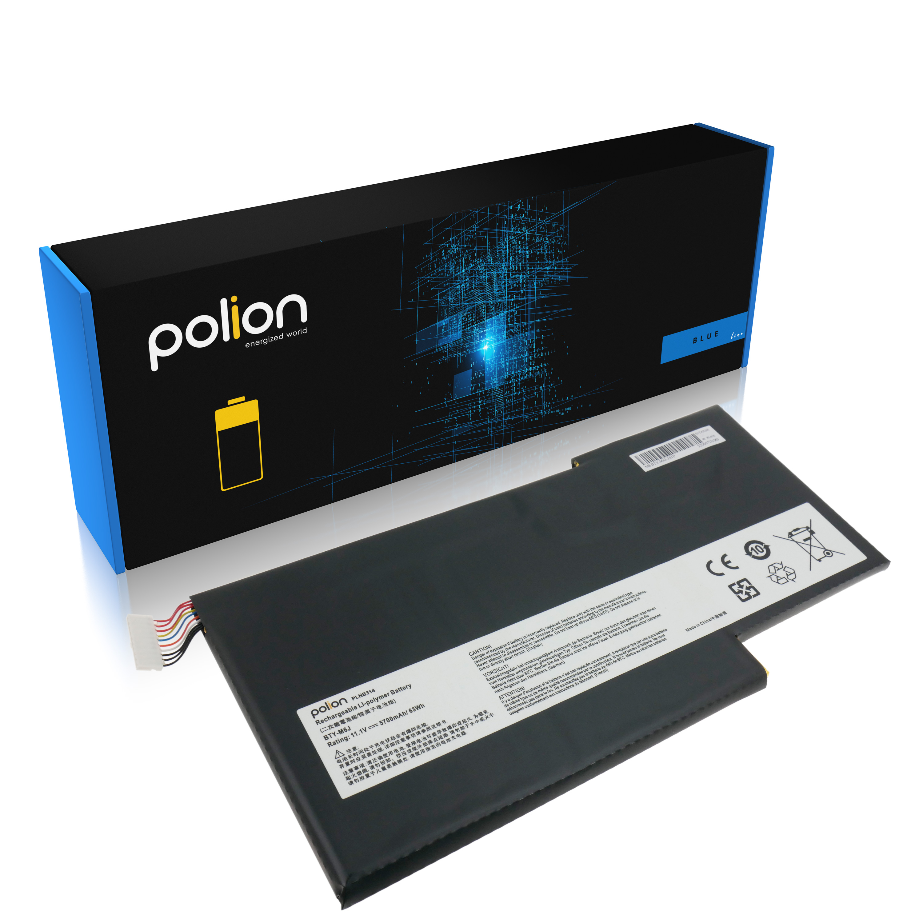 Czarna bateria litowo-polimerowa z kablami leży obok niebiesko-czarnego opakowania.