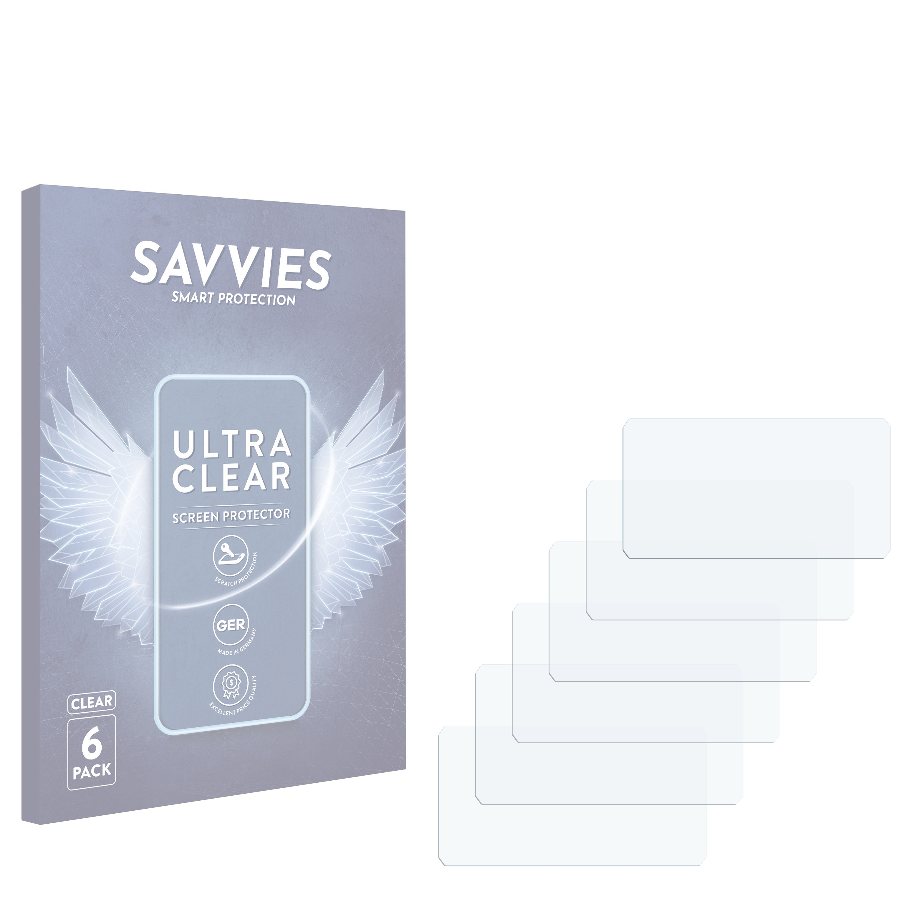 Packung mit 6 Savvies Displayschutzfolien, Ultra Clear, Made in Germany.
