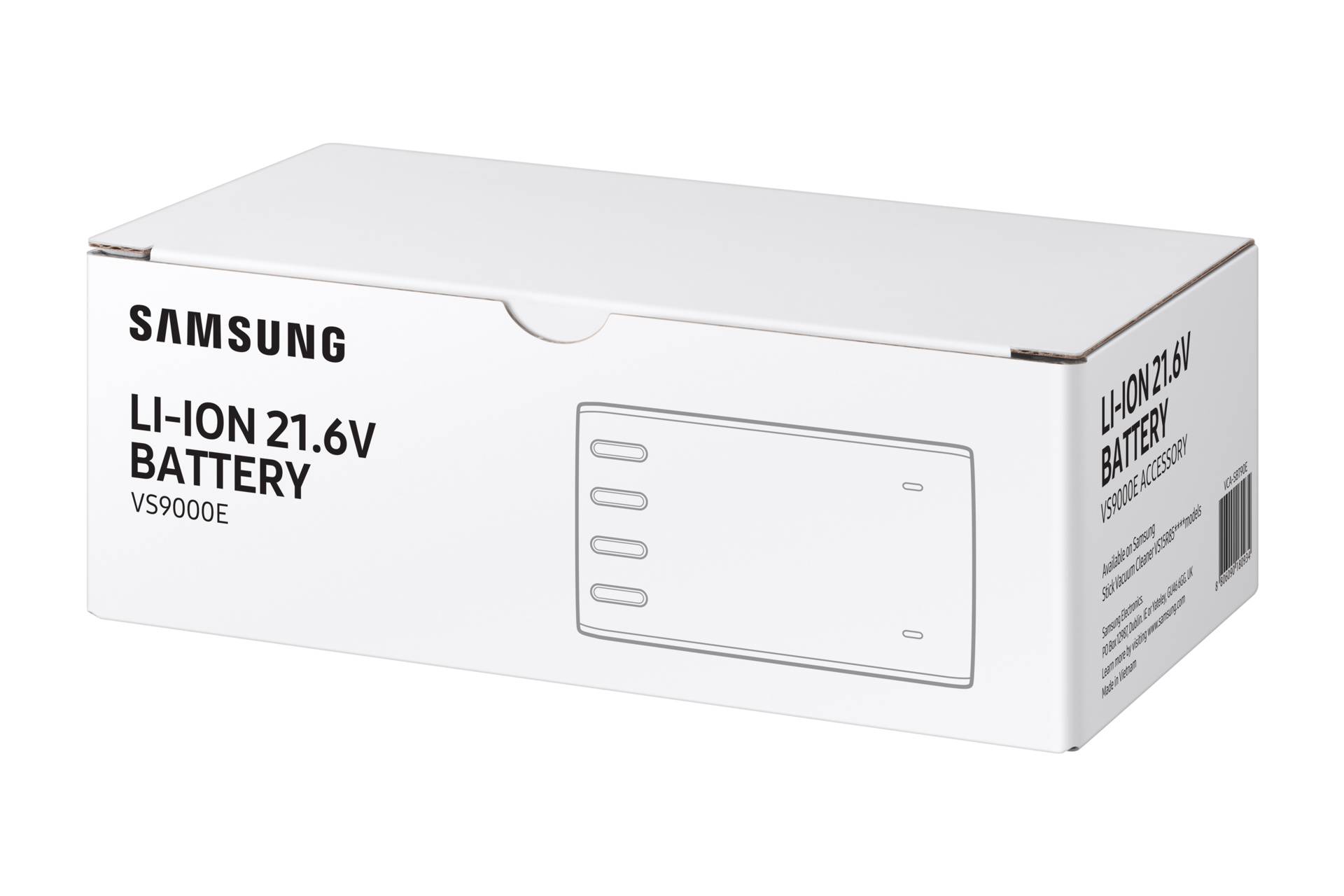 Weiße Samsung-Verpackung für 21,6V Akku, Modell VS9000E.