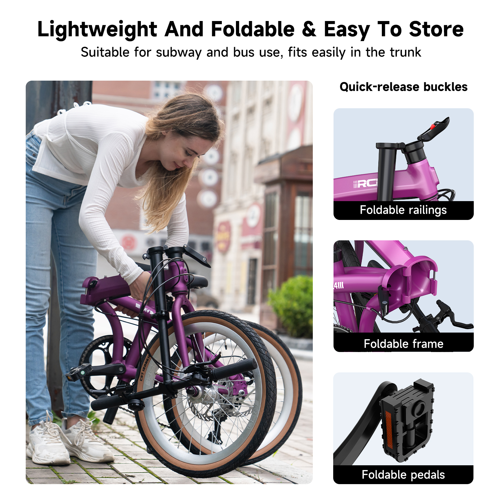 Mujer doblando una bicicleta morada en una acera. Los detalles muestran barandillas, cuadro y pedales plegables.