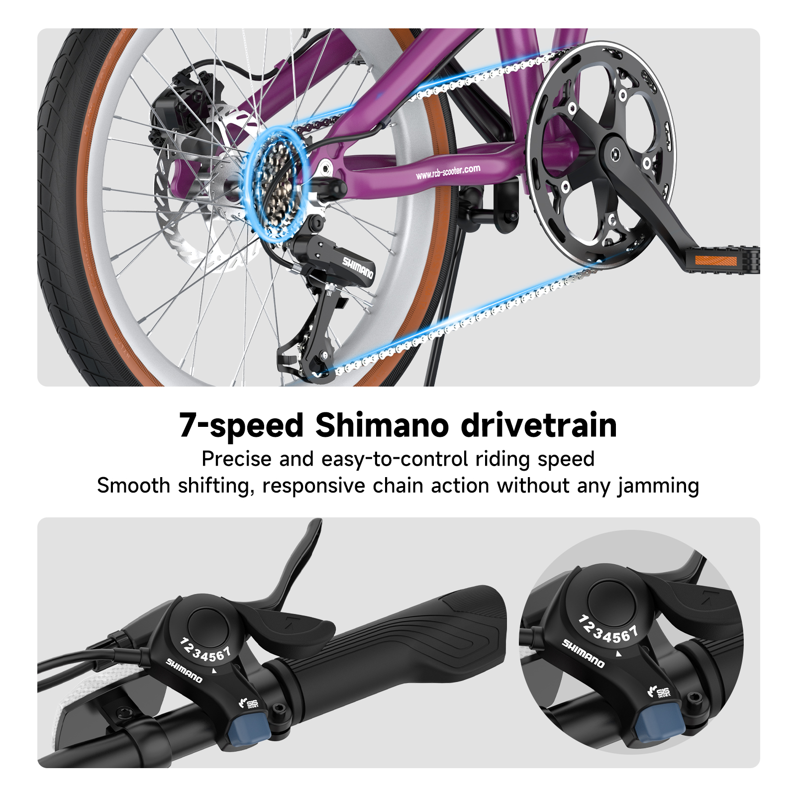 Primer plano del cuadro de bicicleta morado con transmisión Shimano de 7 velocidades.