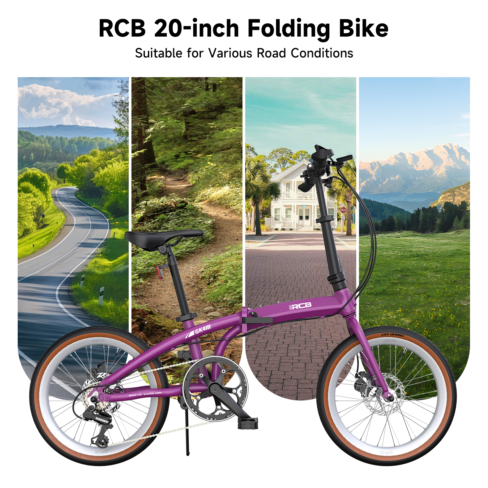 Una bicicleta plegable morada ante collages de paisajes: carretera, bosque, casa, montañas.