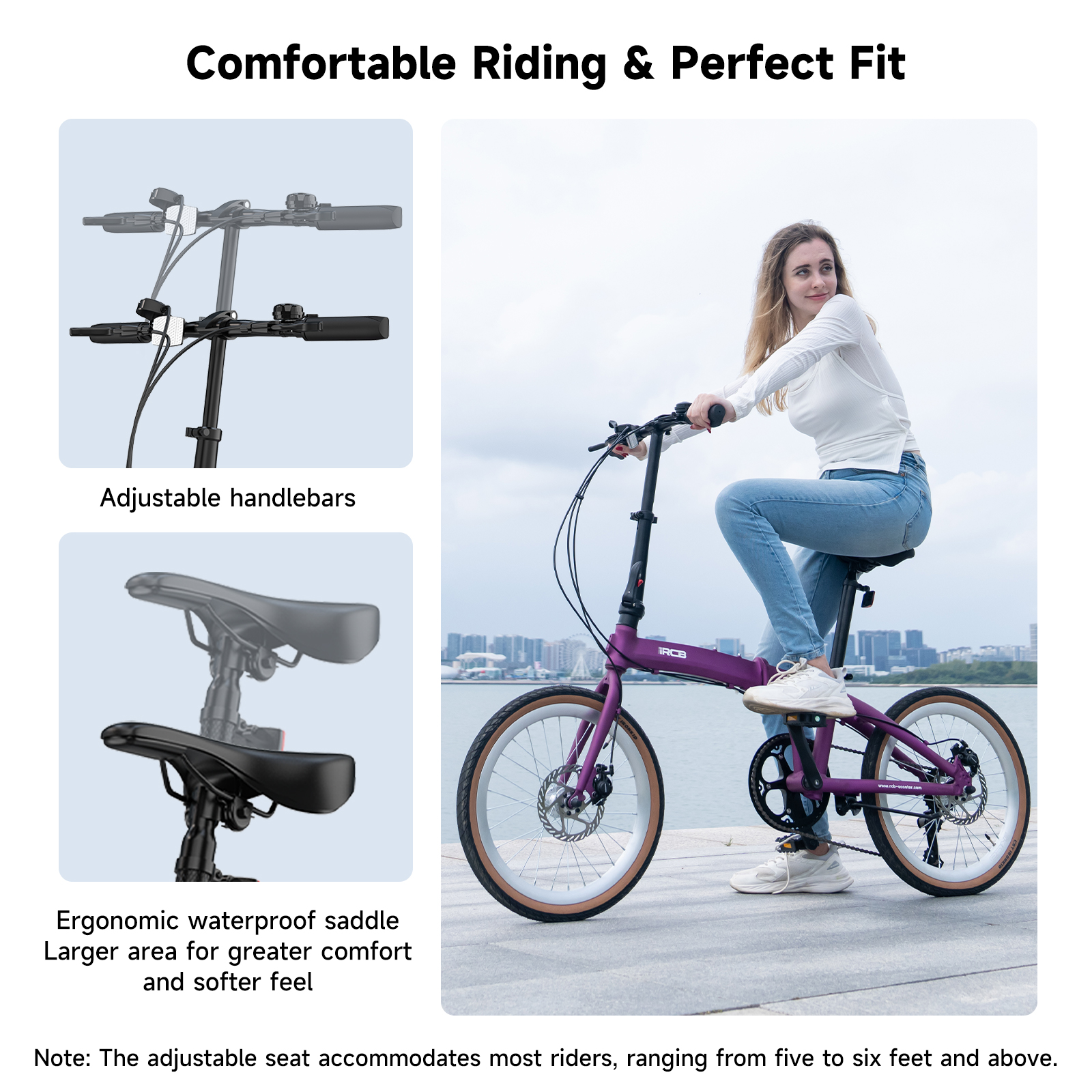 Una mujer monta una bicicleta plegable morada con ciudad de fondo.