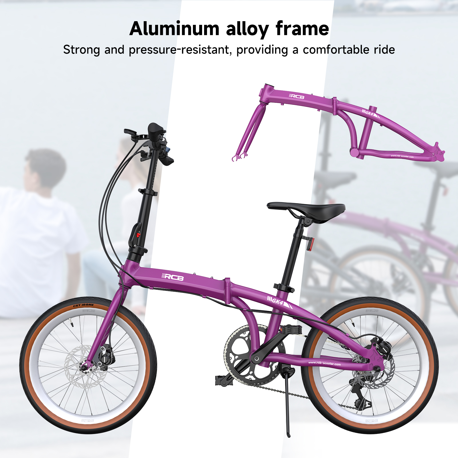Bicicleta plegable morada con cuadro de aluminio, frenos de disco y neumáticos marrones.
