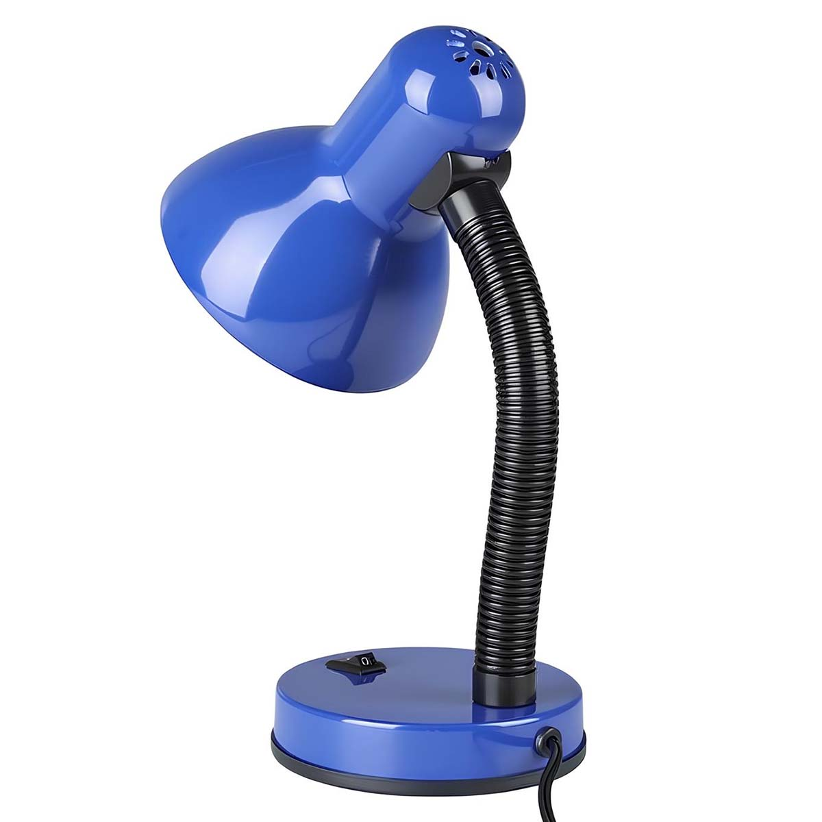 Una lámpara de escritorio azul con brazo negro flexible y un interruptor.