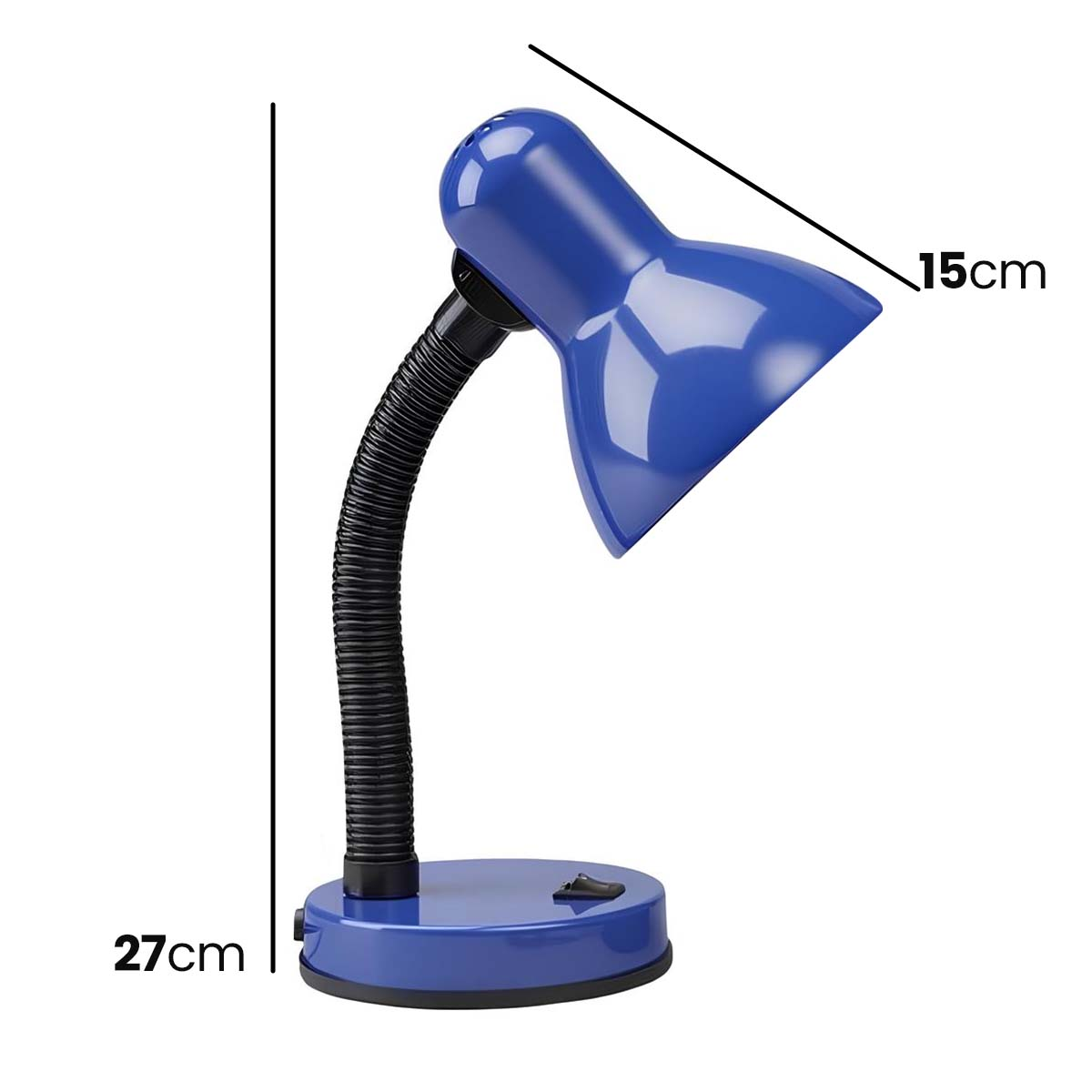 Lámpara de escritorio azul con cuello flexible y interruptor. Alto 27cm, pantalla 15cm.