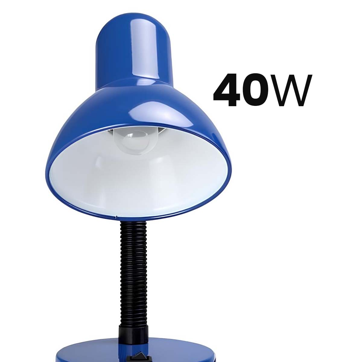 Lámpara de escritorio azul con cuello flexible, marcada 40W.