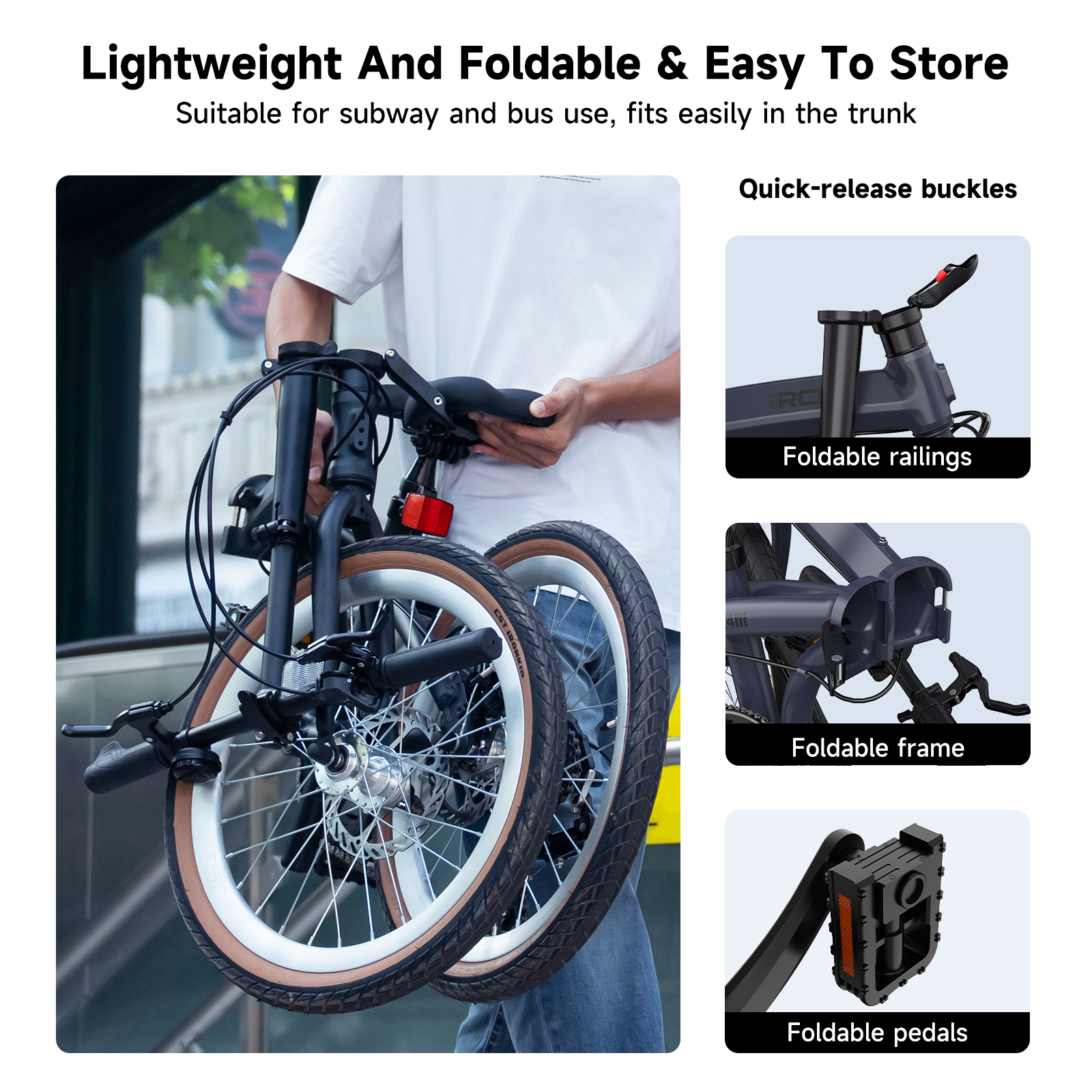 Una persona sostiene una bicicleta plegable con neumáticos marrones y frenos de disco.