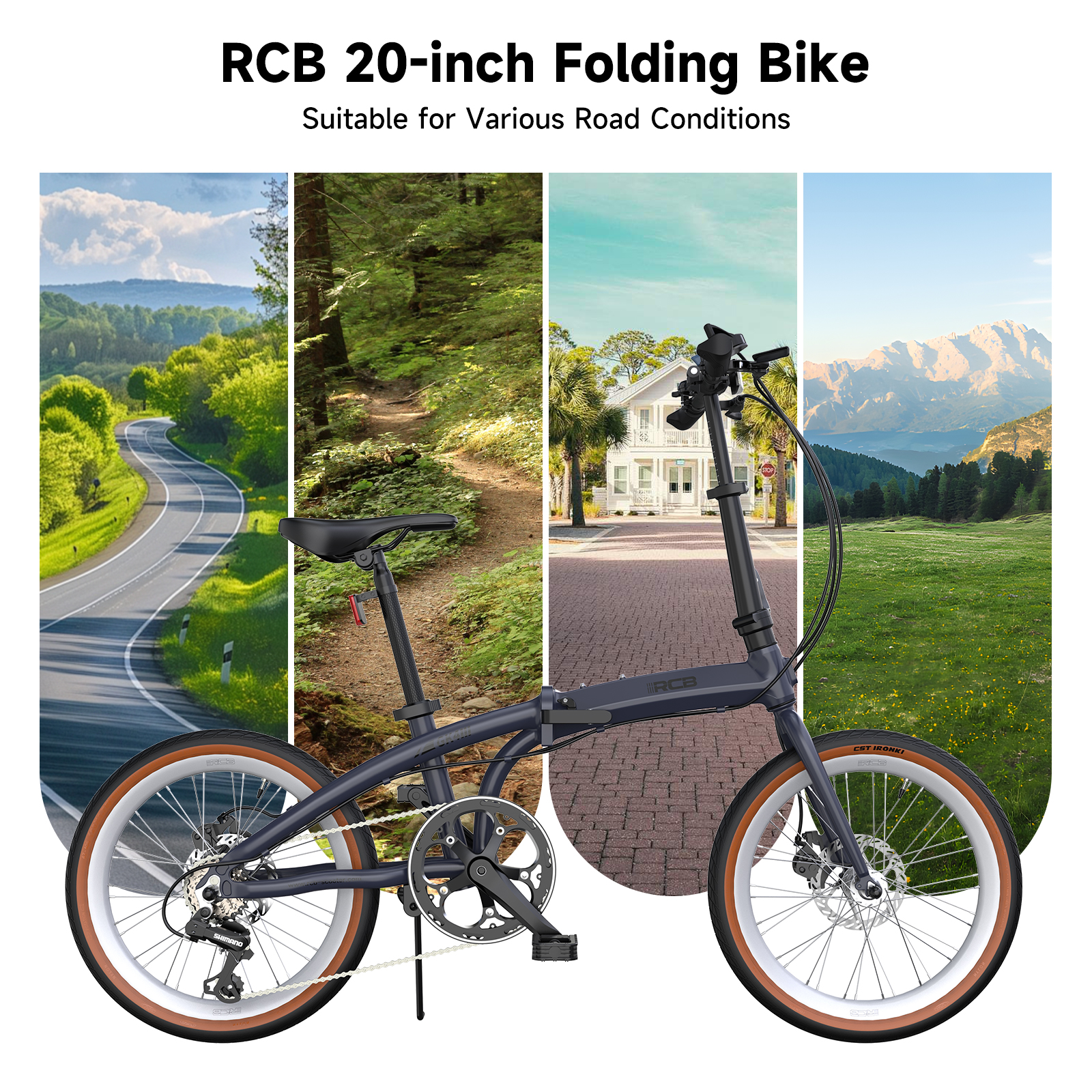 Una bicicleta plegable RCB gris oscura con cuatro fondos.