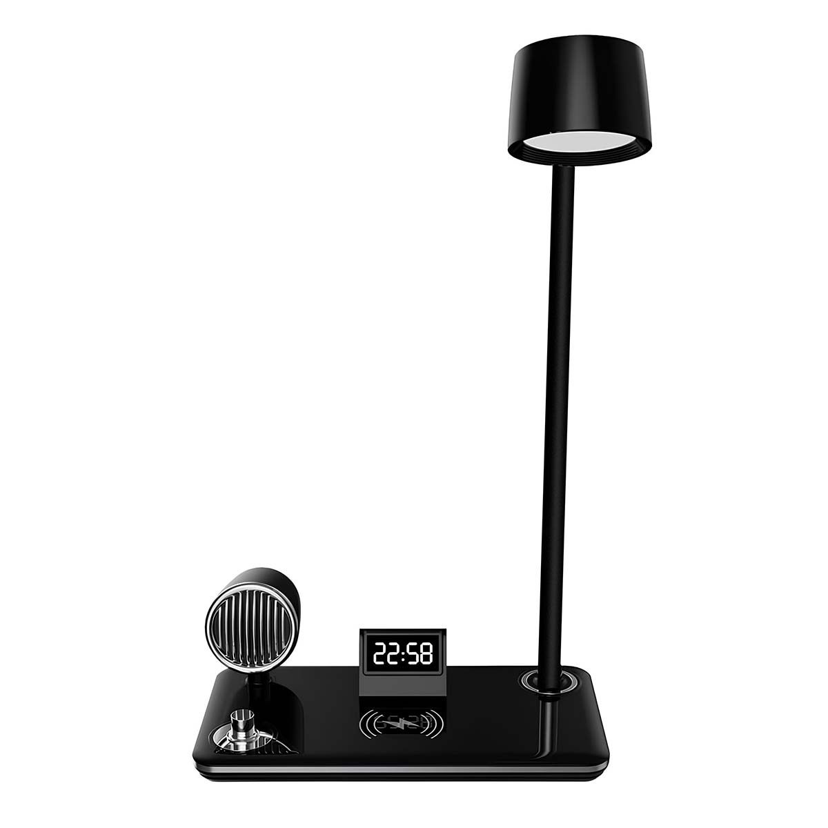 Lámpara negra con reloj y altavoz sobre base de carga.