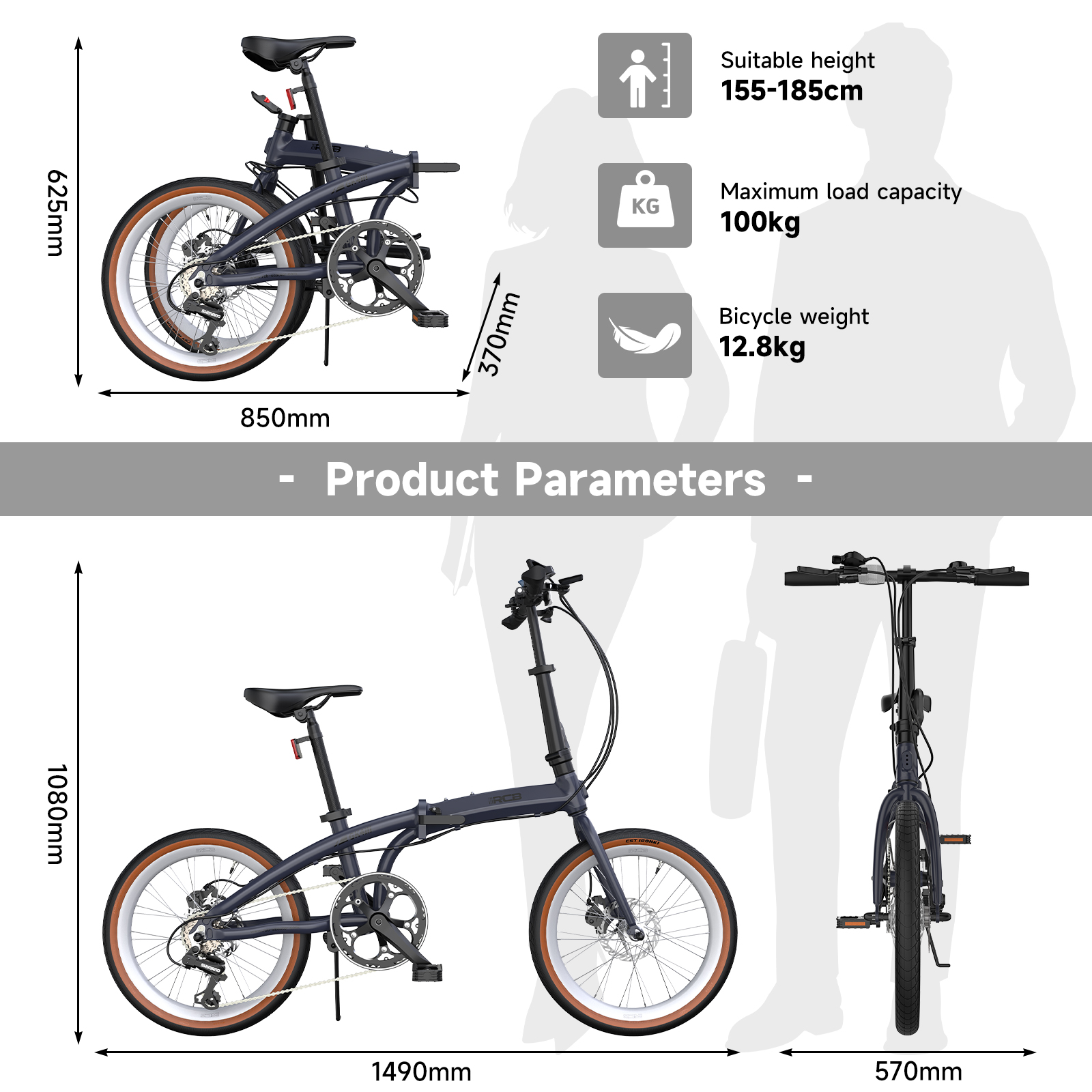 Bicicleta plegable gris con parámetros: altura 155-185cm, capacidad 100kg, peso 12.8kg.