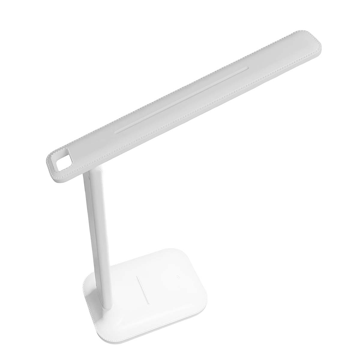 Una lámpara de escritorio blanca con brazo flexible y base rectangular.