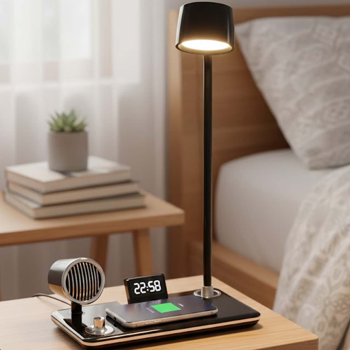 Una mesita de noche con lámpara, teléfono, reloj y ventilador.