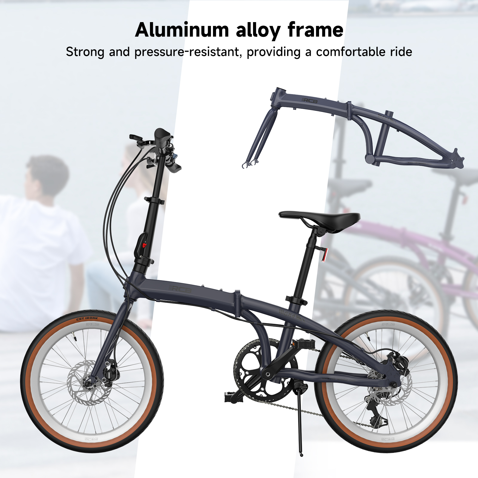 Se muestra una bicicleta plegable oscura con flancos marrones y un marco de aluminio.