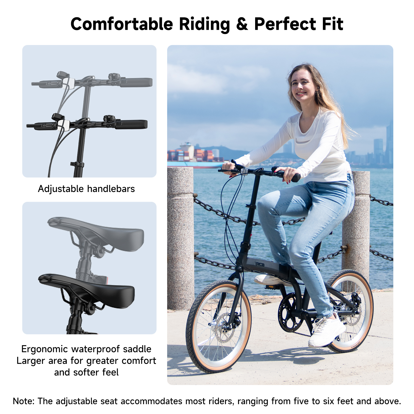 Mujer montando bicicleta junto al agua con horizonte urbano.