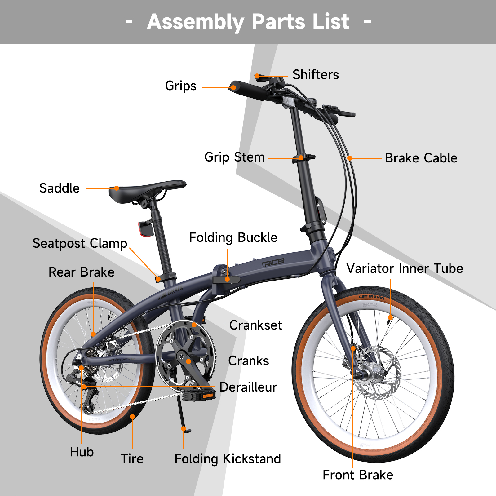 Una bicicleta plegable oscura con etiquetas que señalan partes como el sillín, puños y frenos.