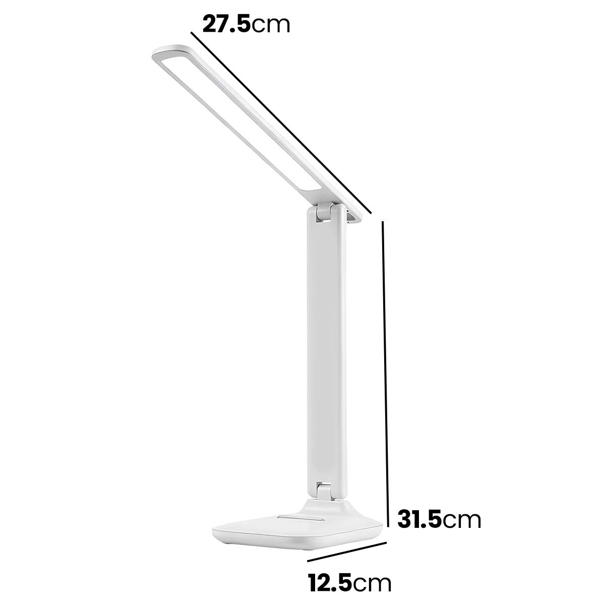 Lámpara de escritorio blanca ajustable con dimensiones de 27,5cm, 31,5cm y 12,5cm.