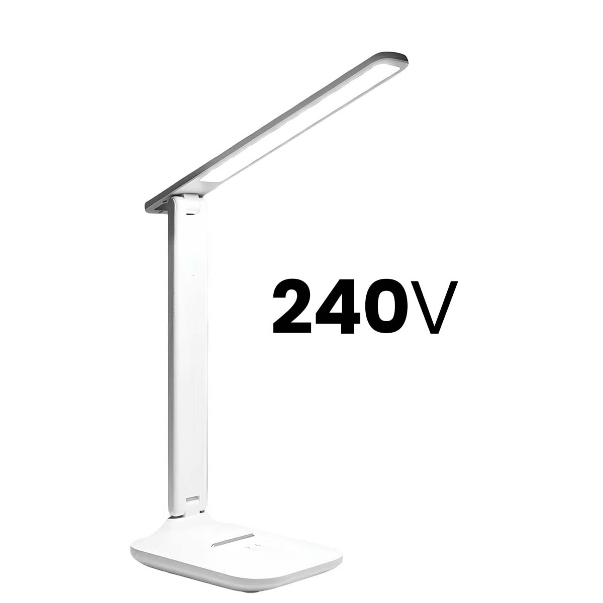 Una lámpara de escritorio LED blanca con texto "240V".