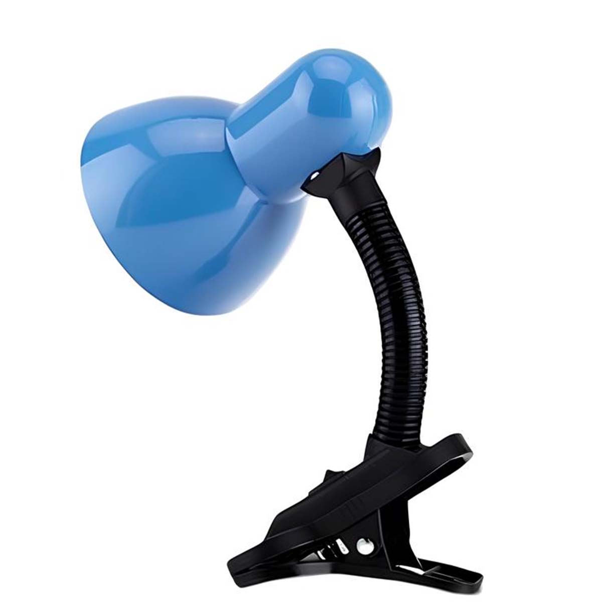Lámpara azul con pinza y cuello flexible sobre fondo blanco.