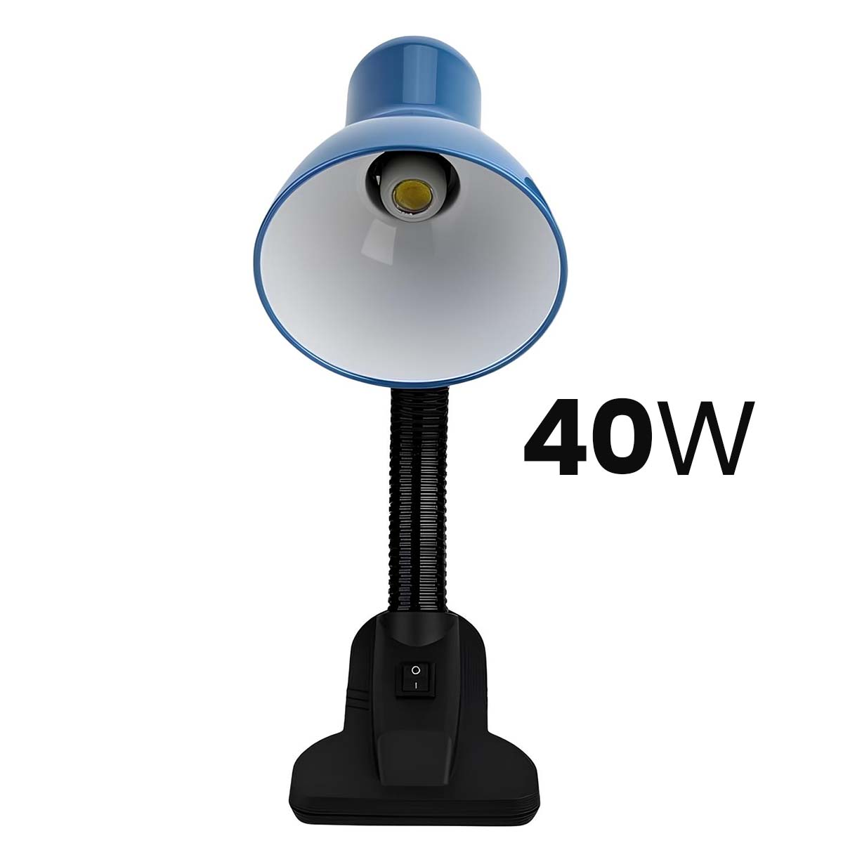 Lámpara de escritorio azul con cuello flexible y base negra. 40W.