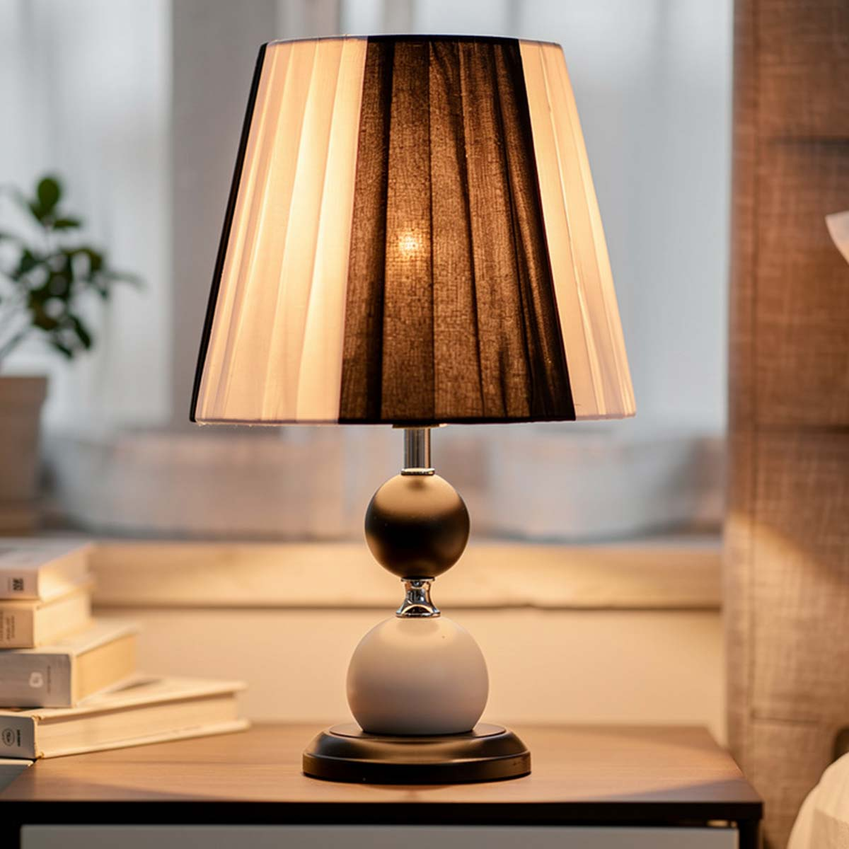 Lámpara de mesa con pantalla a rayas y base esférica sobre mesa de madera.