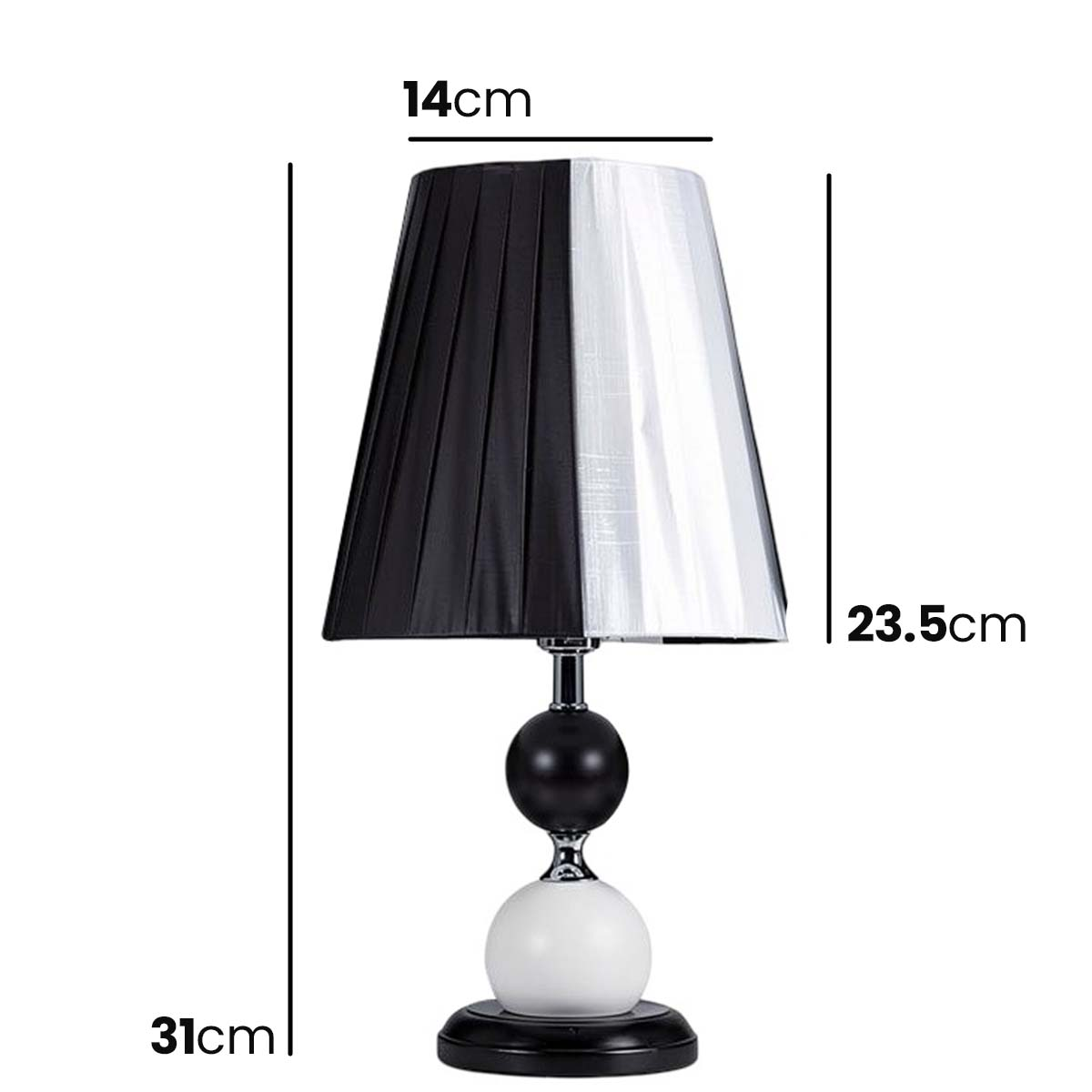 Una lámpara de mesa en blanco y negro con pantalla bicolor y base esférica.