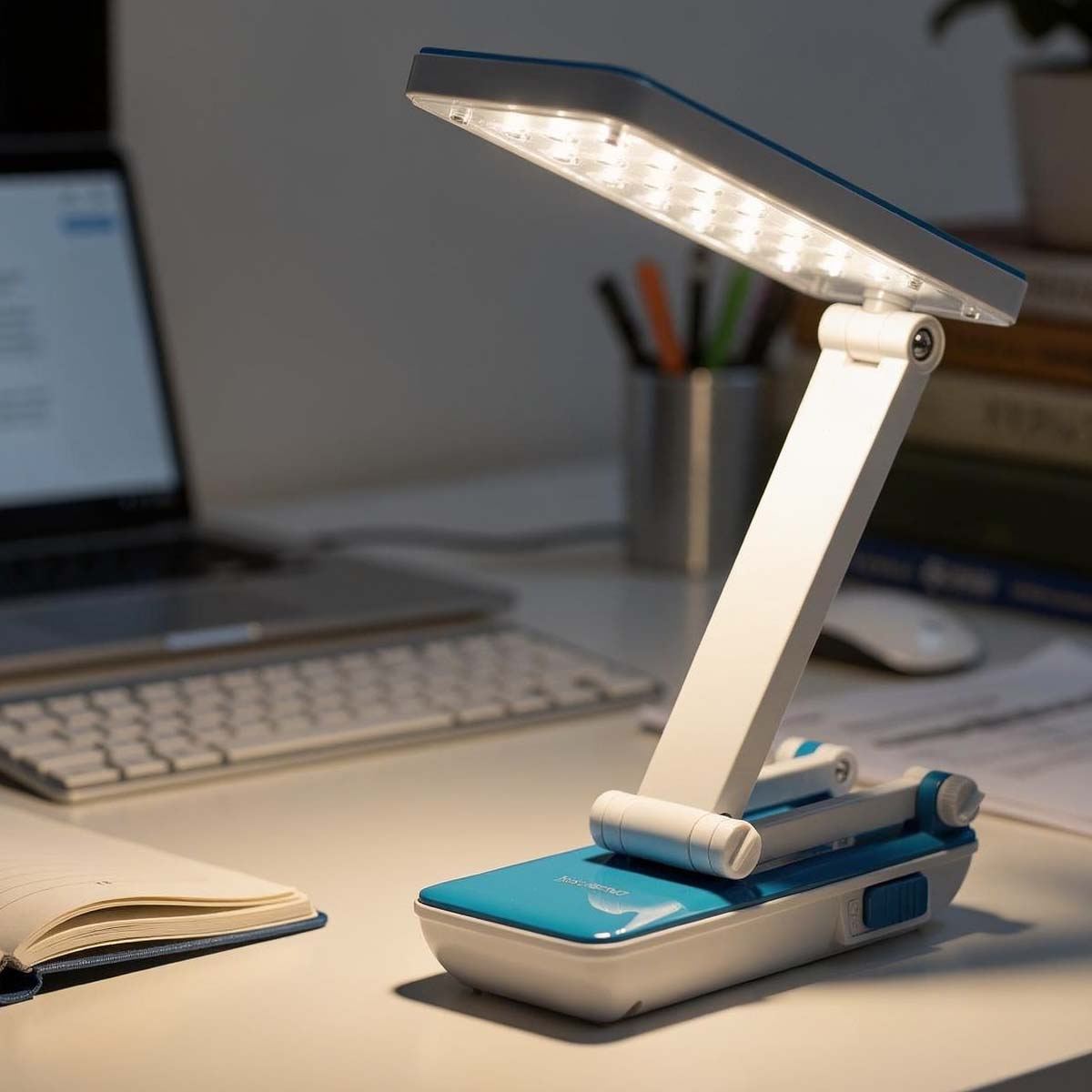 Una lámpara de escritorio LED blanca y azul iluminada sobre un escritorio con portátil y cuaderno.