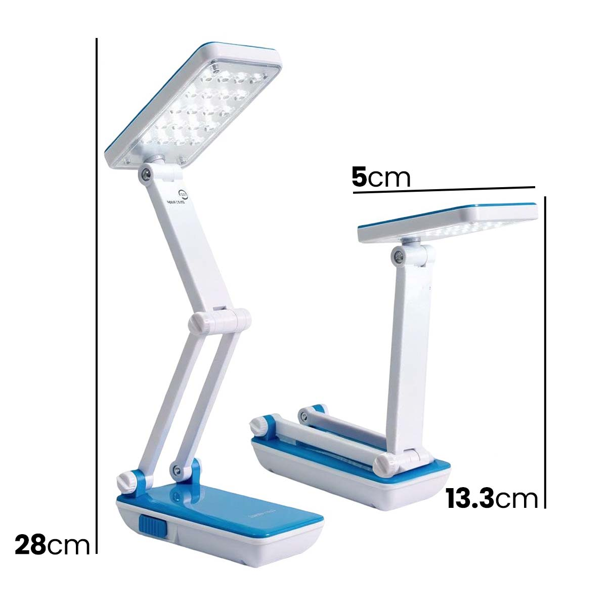Una lámpara de escritorio LED plegable con base azul y brazo blanco.
