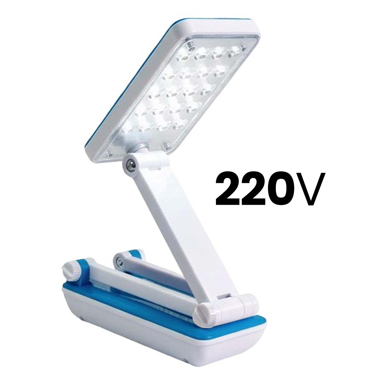 Una lámpara LED plegable blanca y azul con texto 220V.