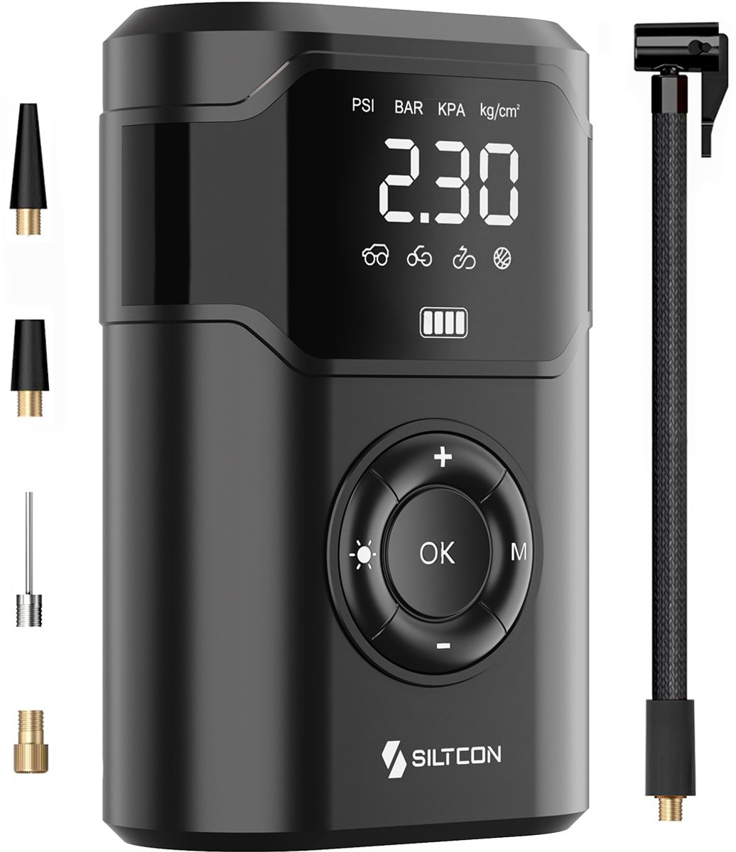 Zwarte draagbare luchtcompressor met LCD-scherm dat 2,30 PSI toont.