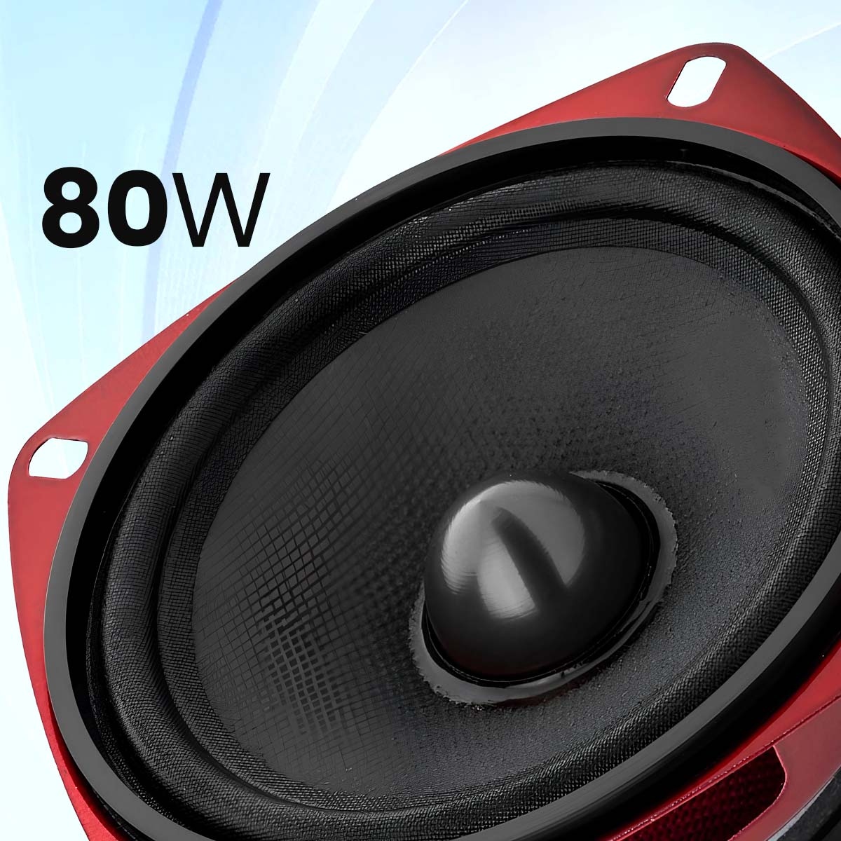 80W Lautsprecher mit rotem Rahmen und schwarzem Konus.